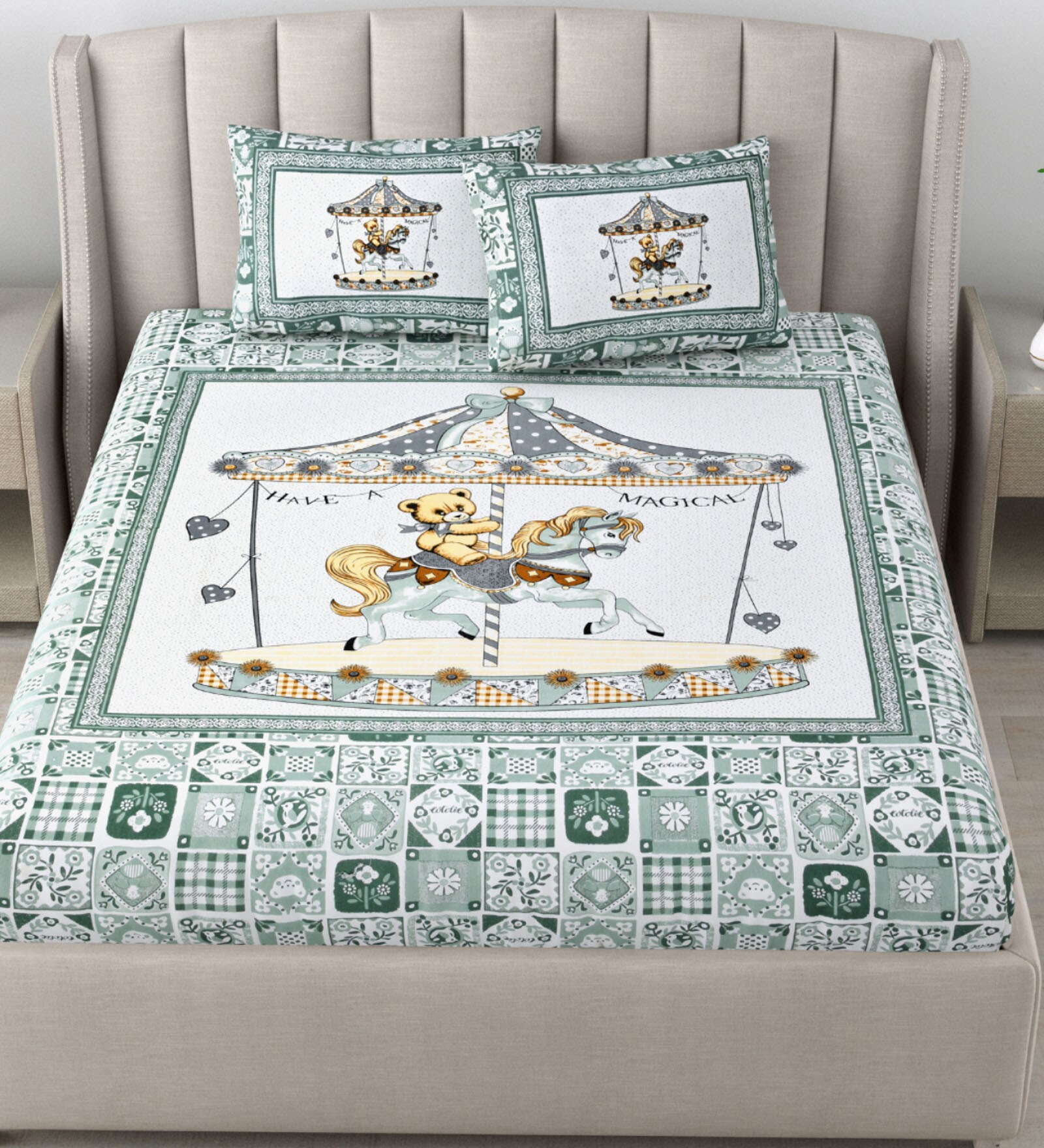 Green Traditional 180 TC Cotton Printed Bedsheet With Two Pillow Covers For Queen Bed (Designer Printed ,Green ,153 GSM) Green Traditional 180 TC Cotton Printed Bedsheet With Two Pillow Covers For Queen Bed (Designer Printed ,Green ,153 GSM)