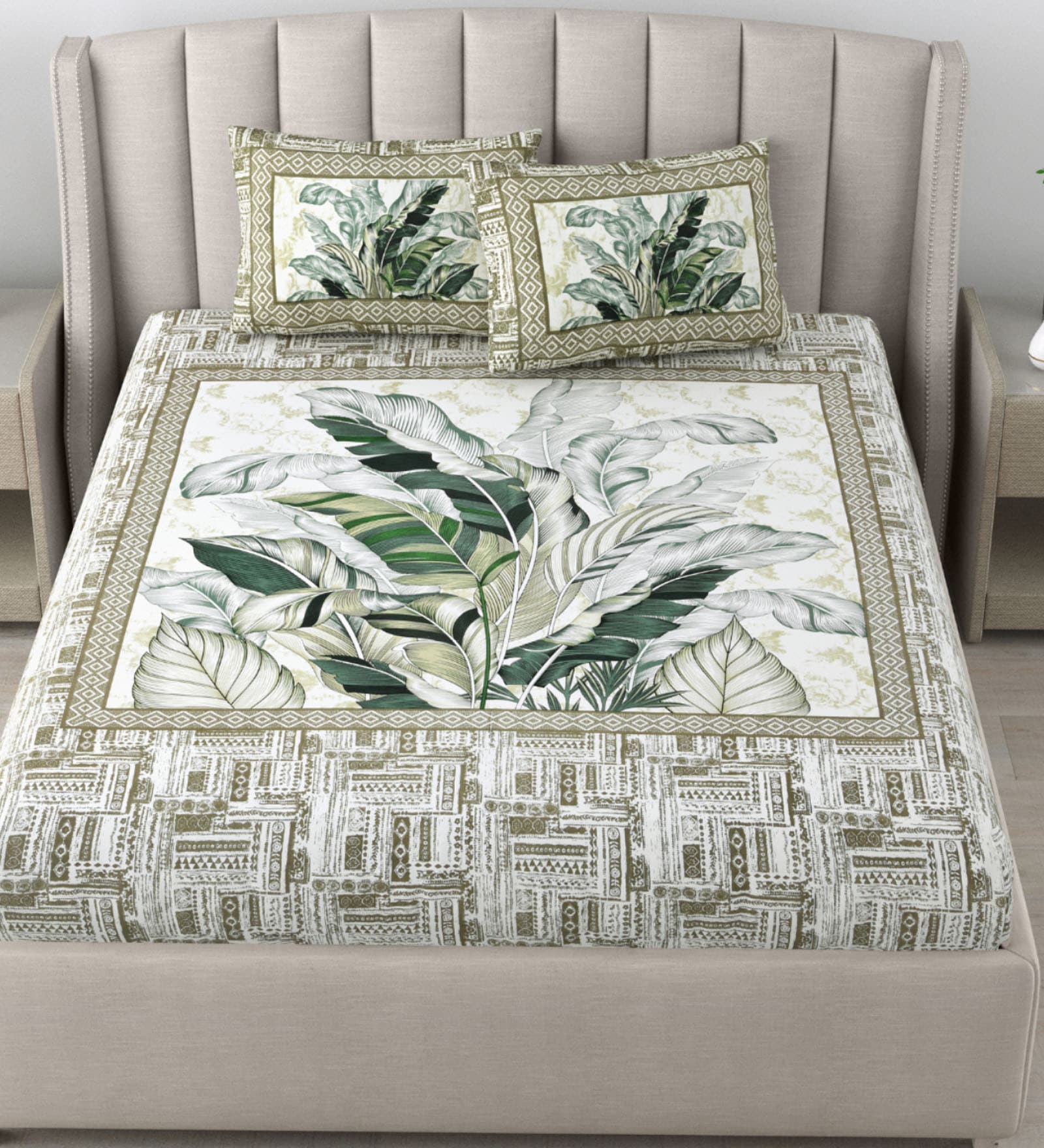 Green Traditional 180 TC Cotton Printed Bedsheet With Two Pillow Covers For Queen Bed (Leaf Printed ,Green ,153 GSM)