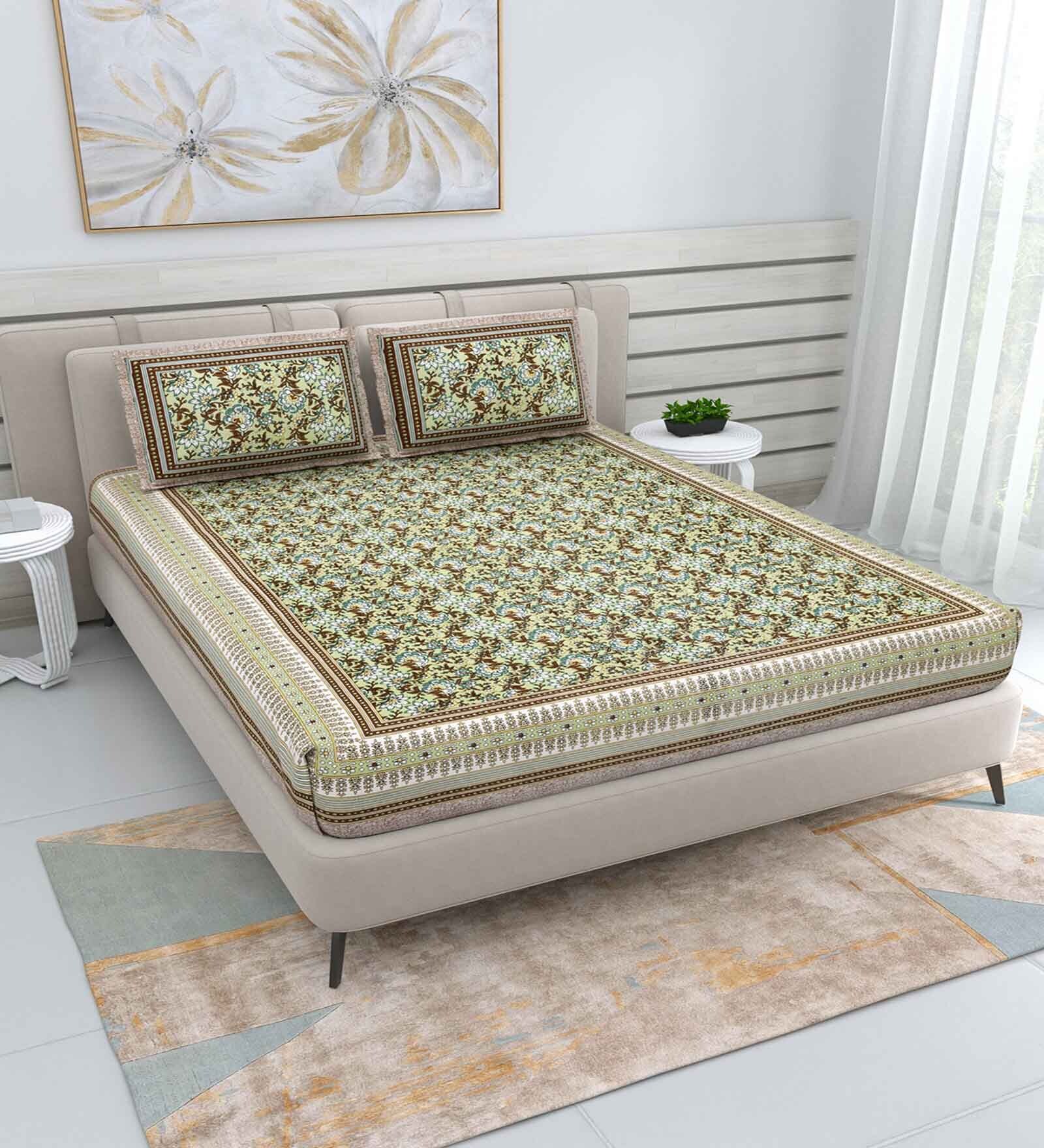 Green Traditional 220 TC Cotton  Double Queen Bedsheet with 2 Pillow Covers