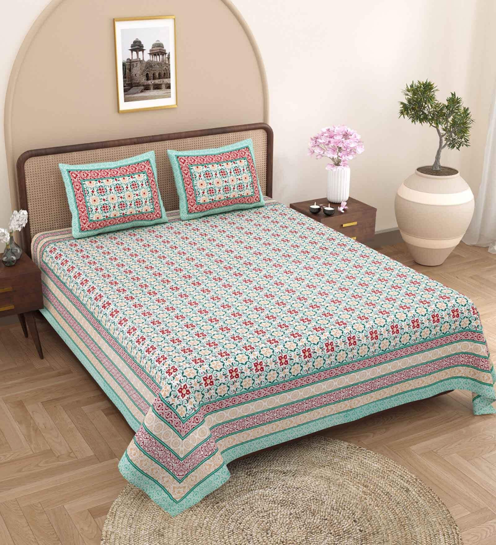 Green Traditional 240 TC Pure Cotton King Sized Double Bedsheet with 2 Pillow Covers
