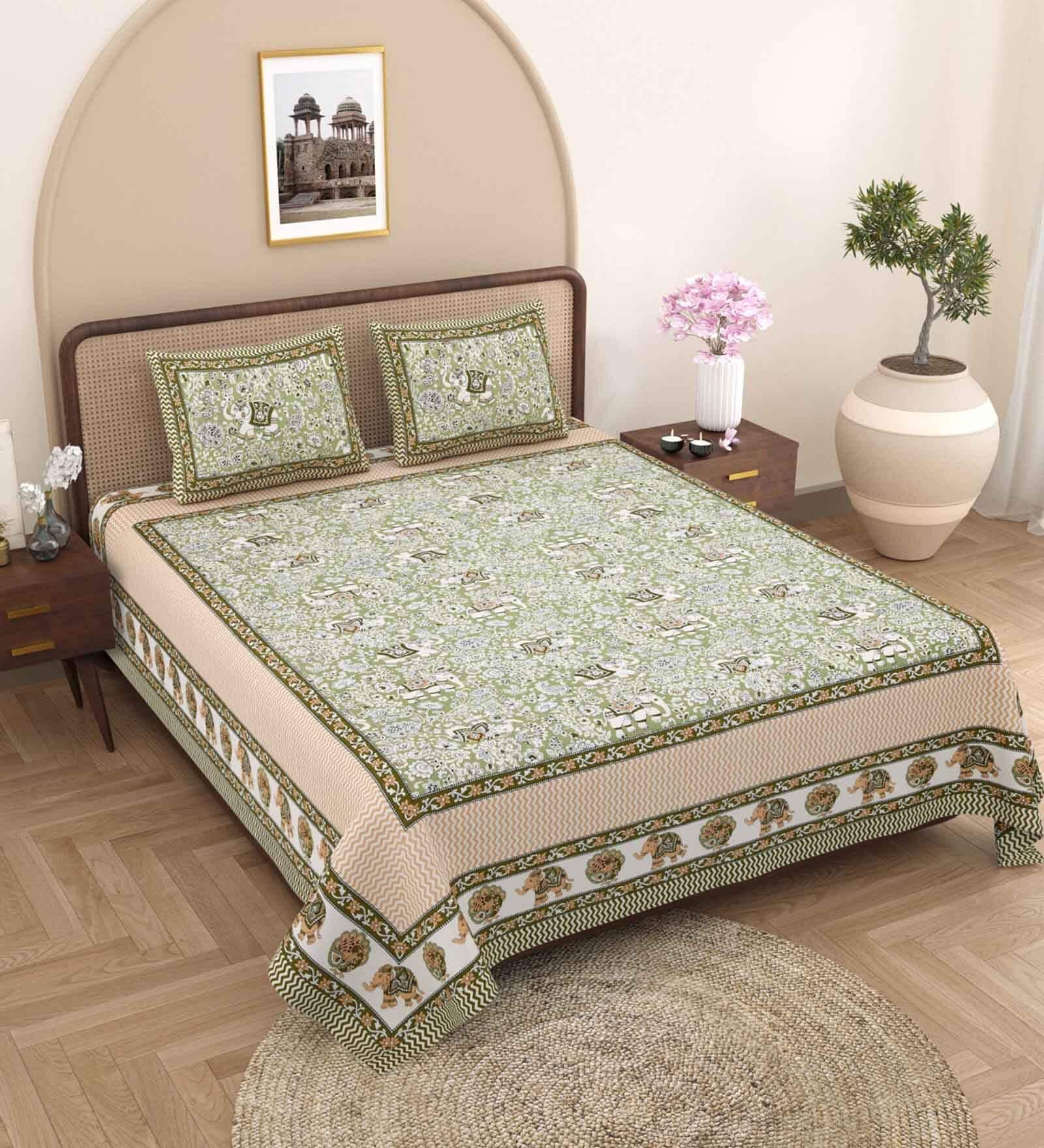 Green Traditional 240 TC Pure Cotton King Sized Double Bedsheet with 2 Pillow Covers