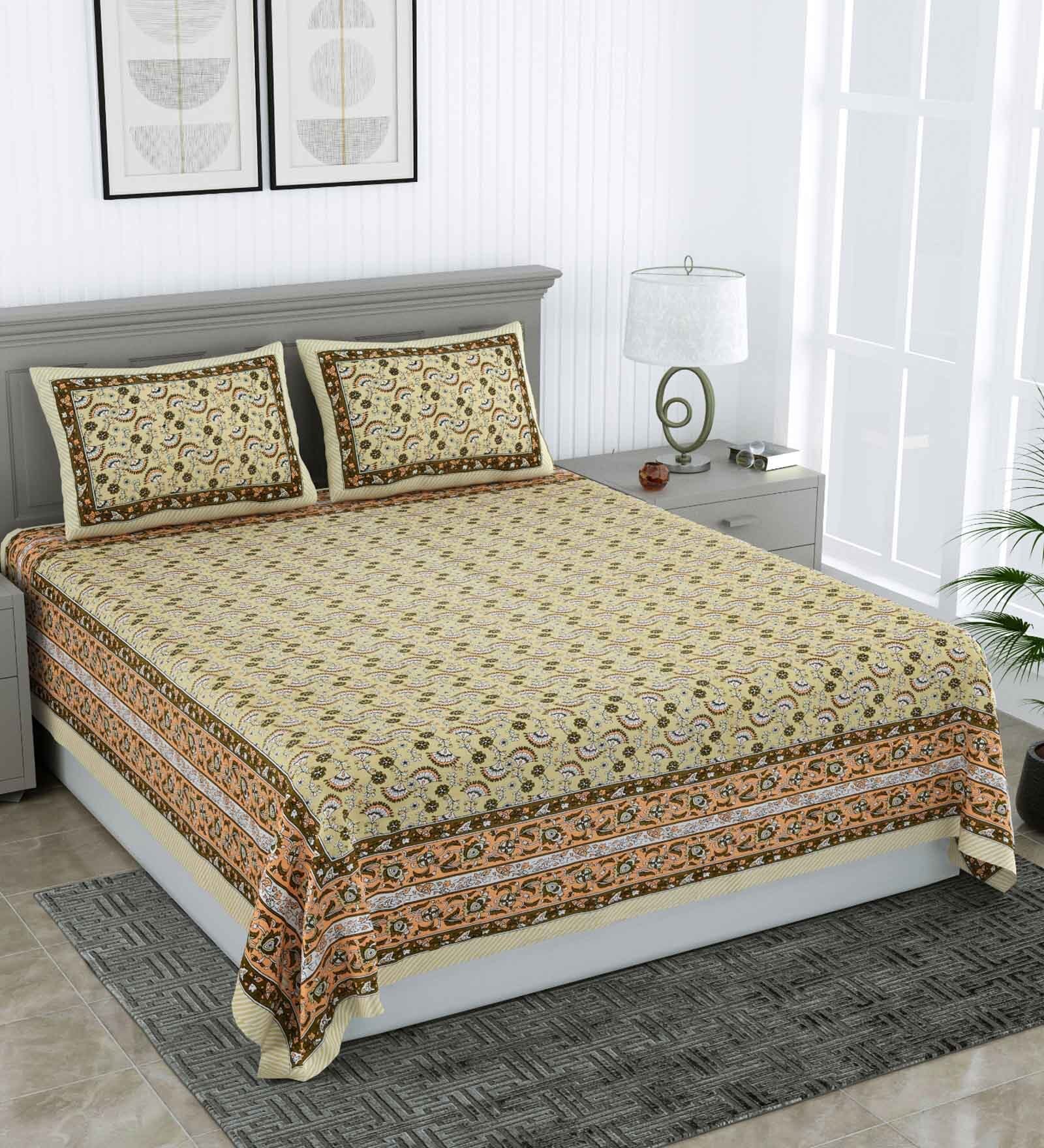 Green Traditional 240 TC Pure Cotton King Sized Double Bedsheet with 2 Pillow Covers