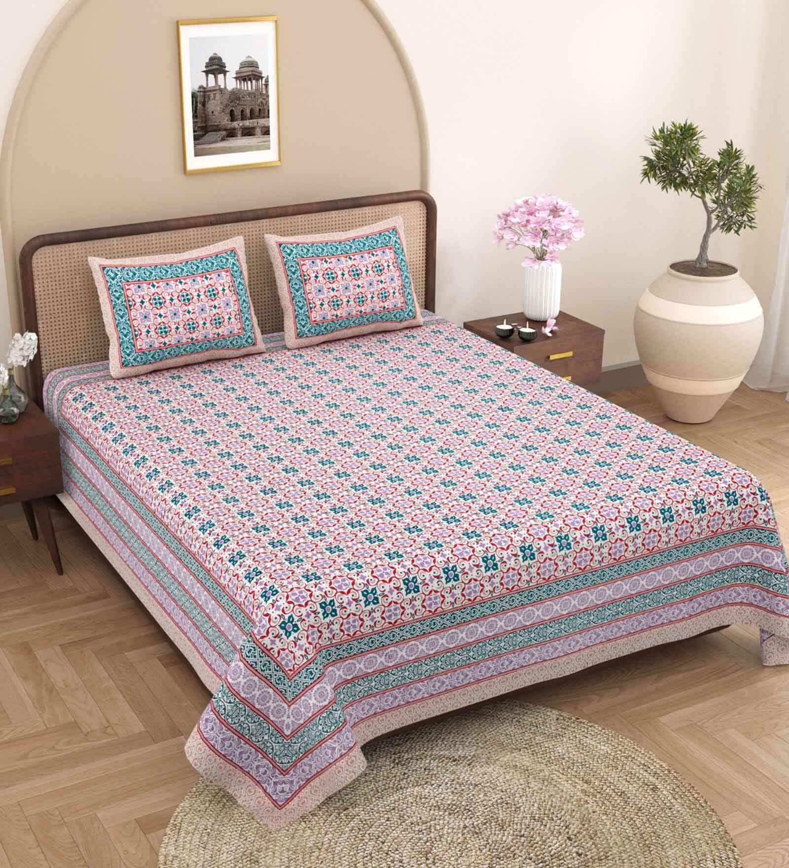 Green Traditional 240 TC Pure Cotton King Sized Double Bedsheet with 2 Pillow Covers