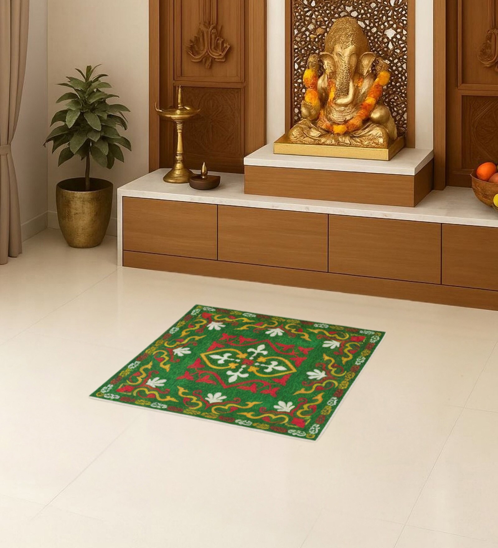 Green Traditional Polyester 24x24 Inches Skid-Resistant Backing Prayer Mats (Pack of 1)