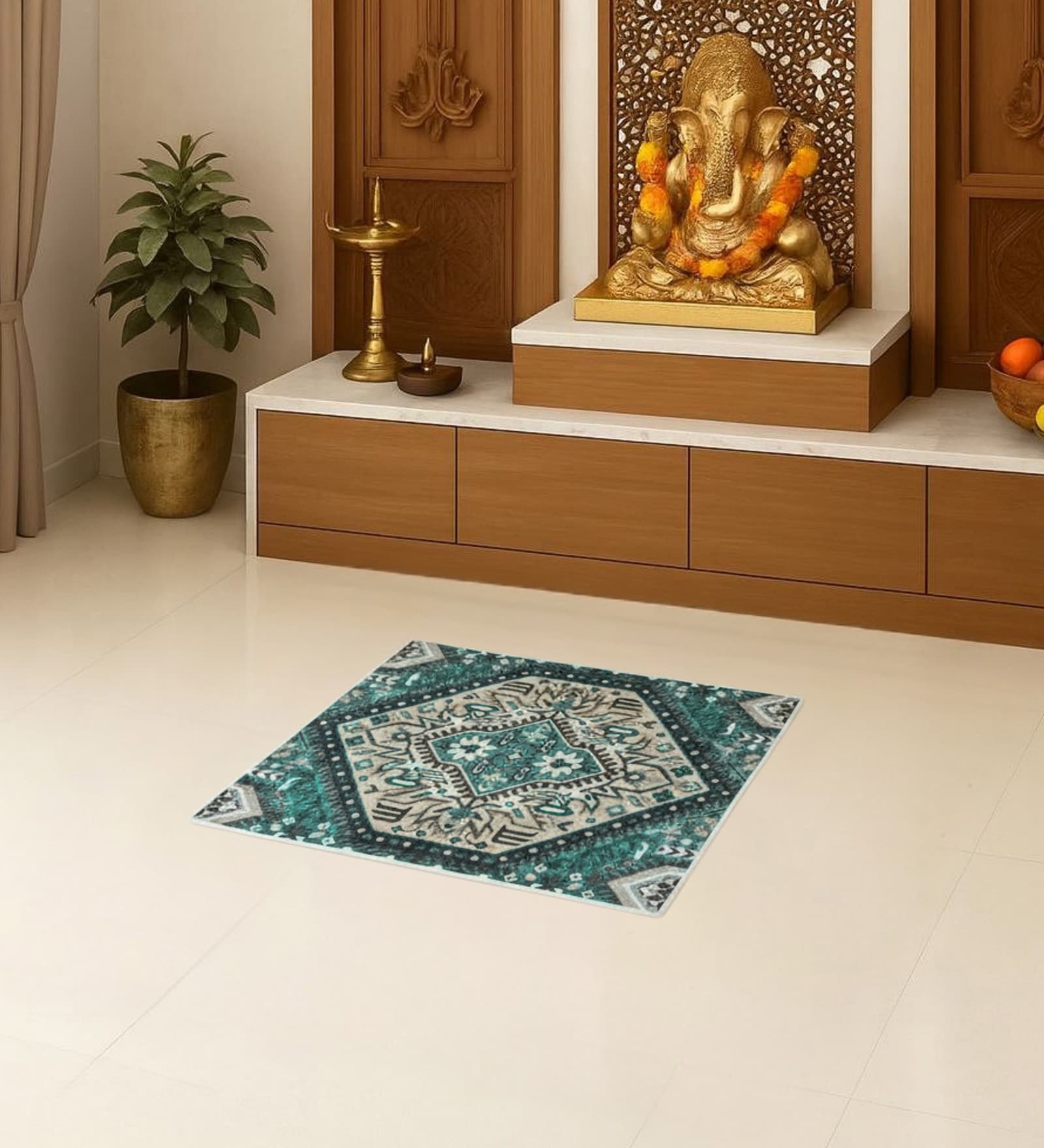 Green Traditional Polyester 24x24 Inches Skid-Resistant Backing Prayer Mats (Pack of 1)