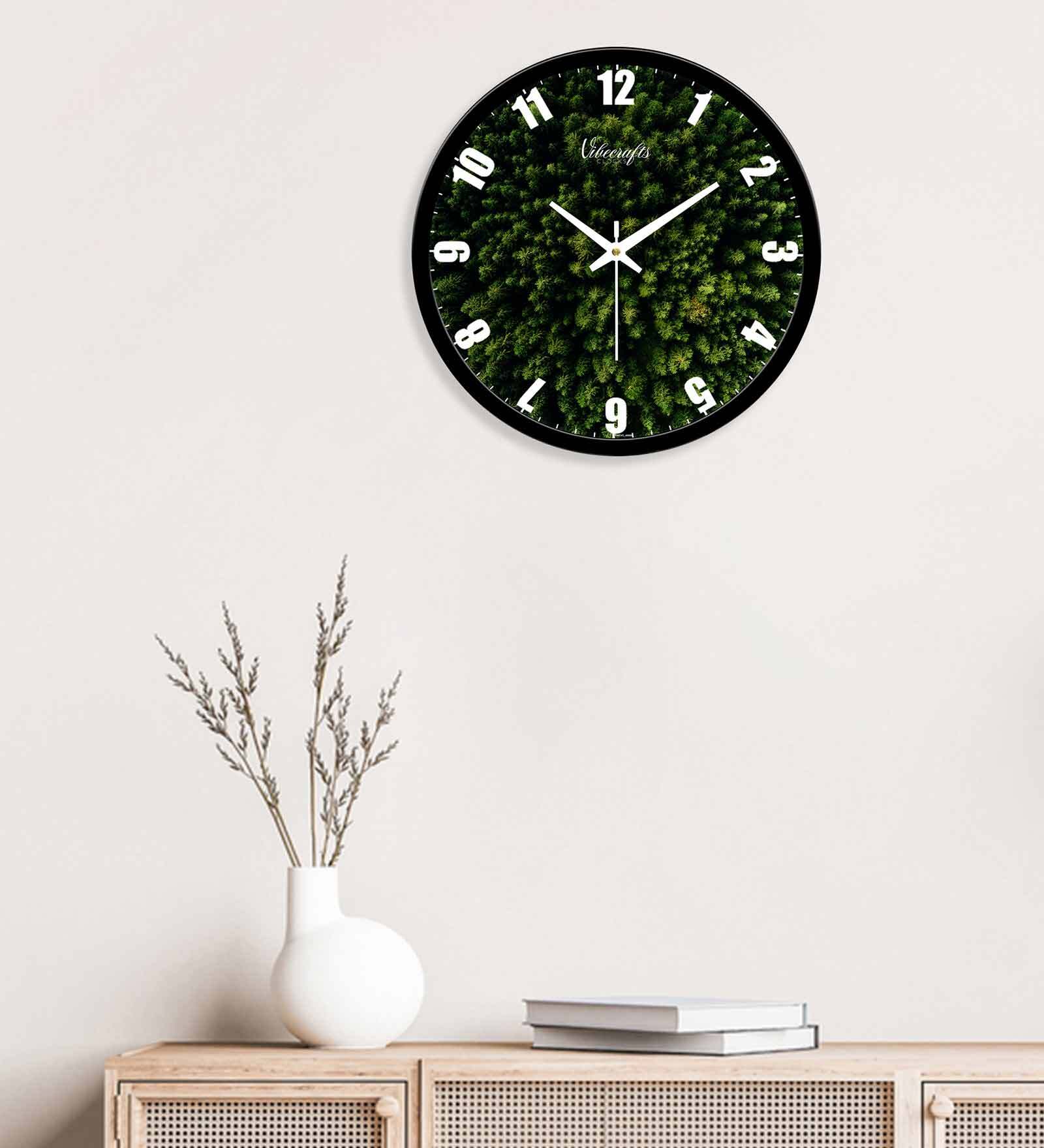 Green Trees Printed Designer With Glass Plastic Wall Clock In Green