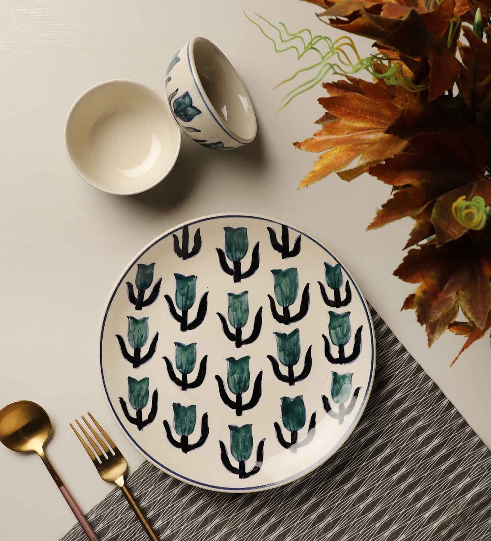 Green Tulip (Set of 3) Ceramic Dinner Plate & Dinner Bowl
