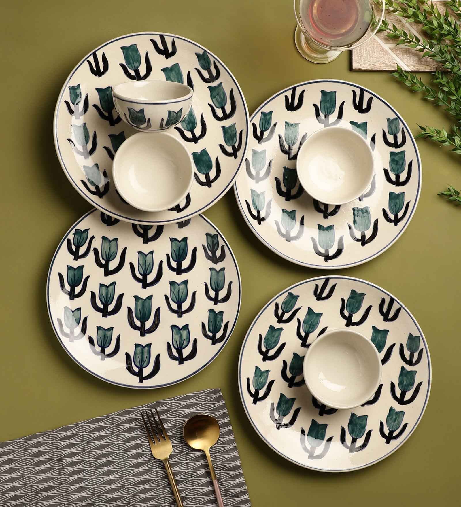 Tulip 8 Pcs White & Green Ceramic Dinnerware Set