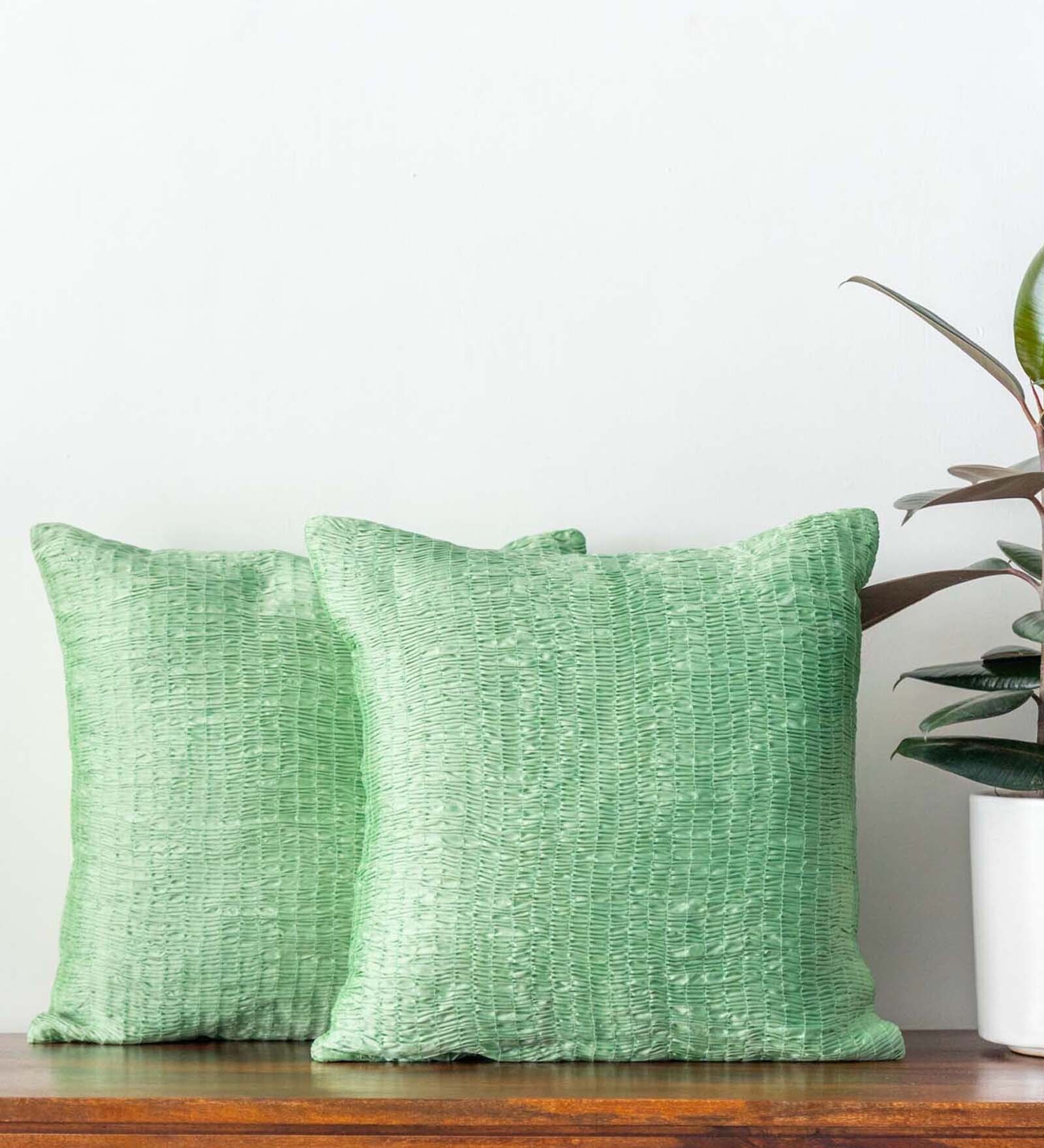 Buy Green Textured Velvet 16 x 16 Inches Cushion Cover by Ananta