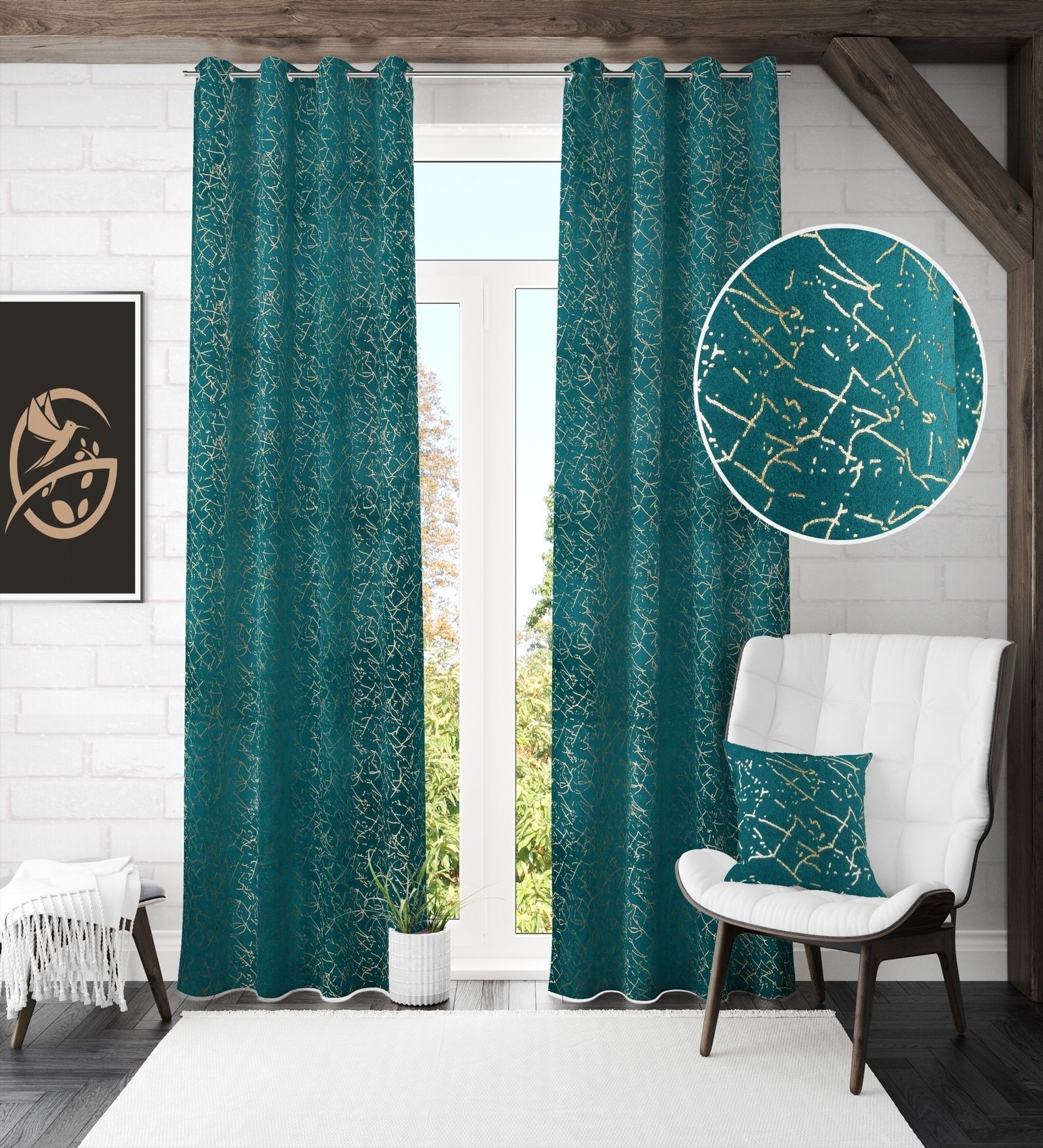 Green Velvet Abstract 9 Foot Ring Top Door Curtain