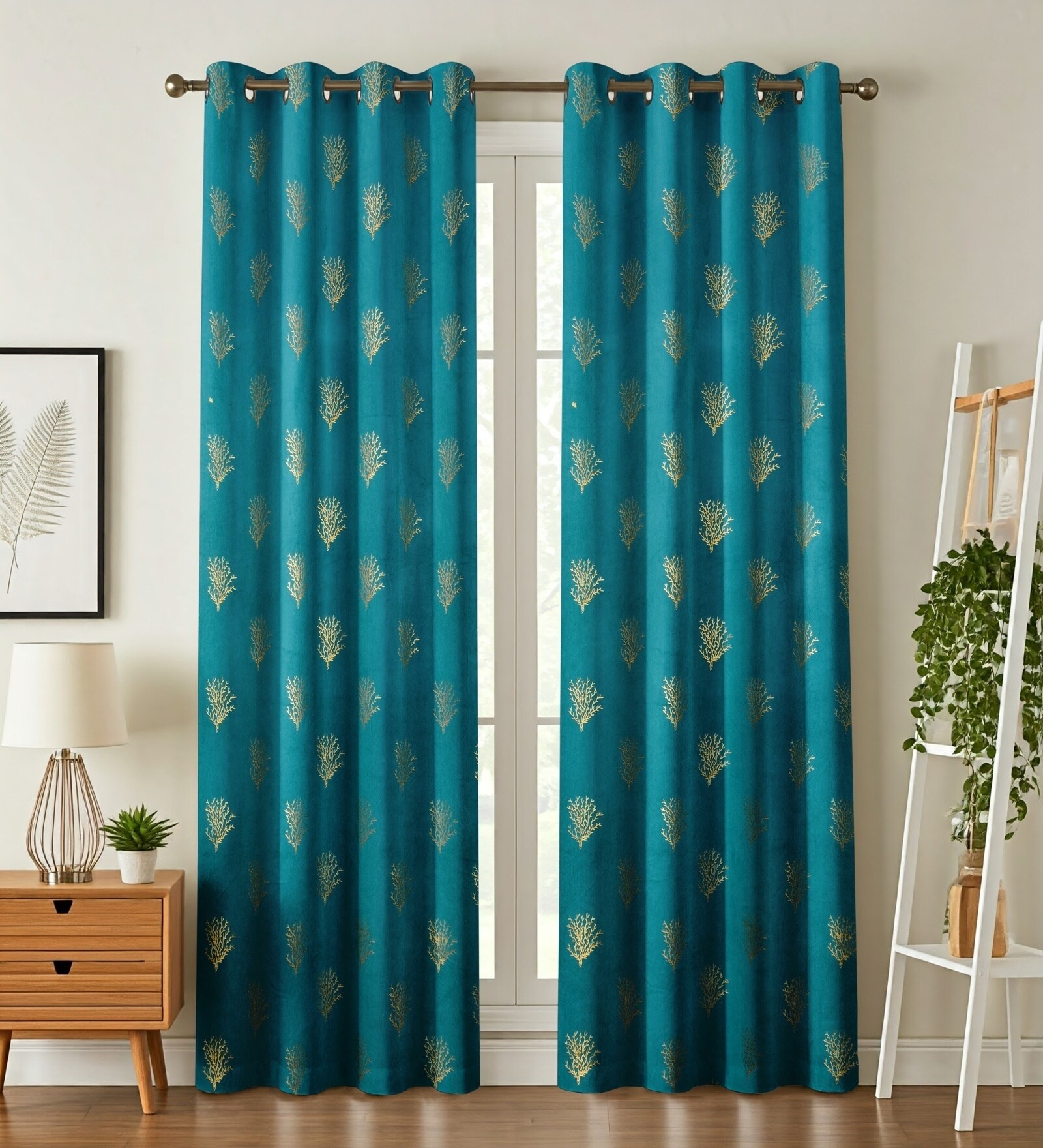 Green Velvet Coral Branch Print  5 Foot Ring Top Window Curtain