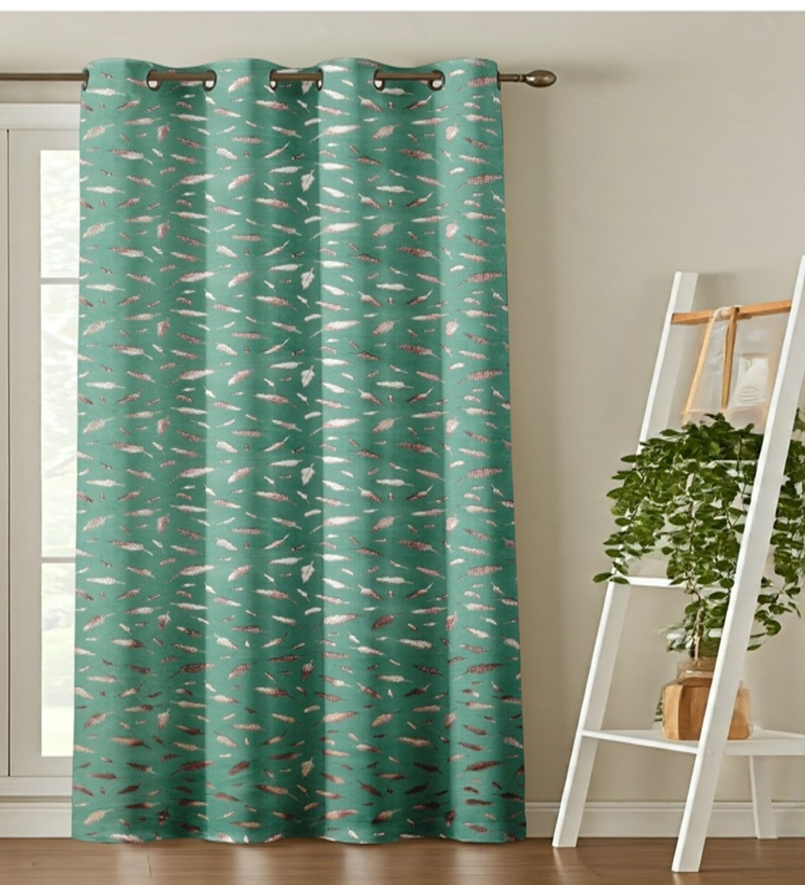 Green Velvet Feather 7Ft Ring Top Door Curtains Pack of  2