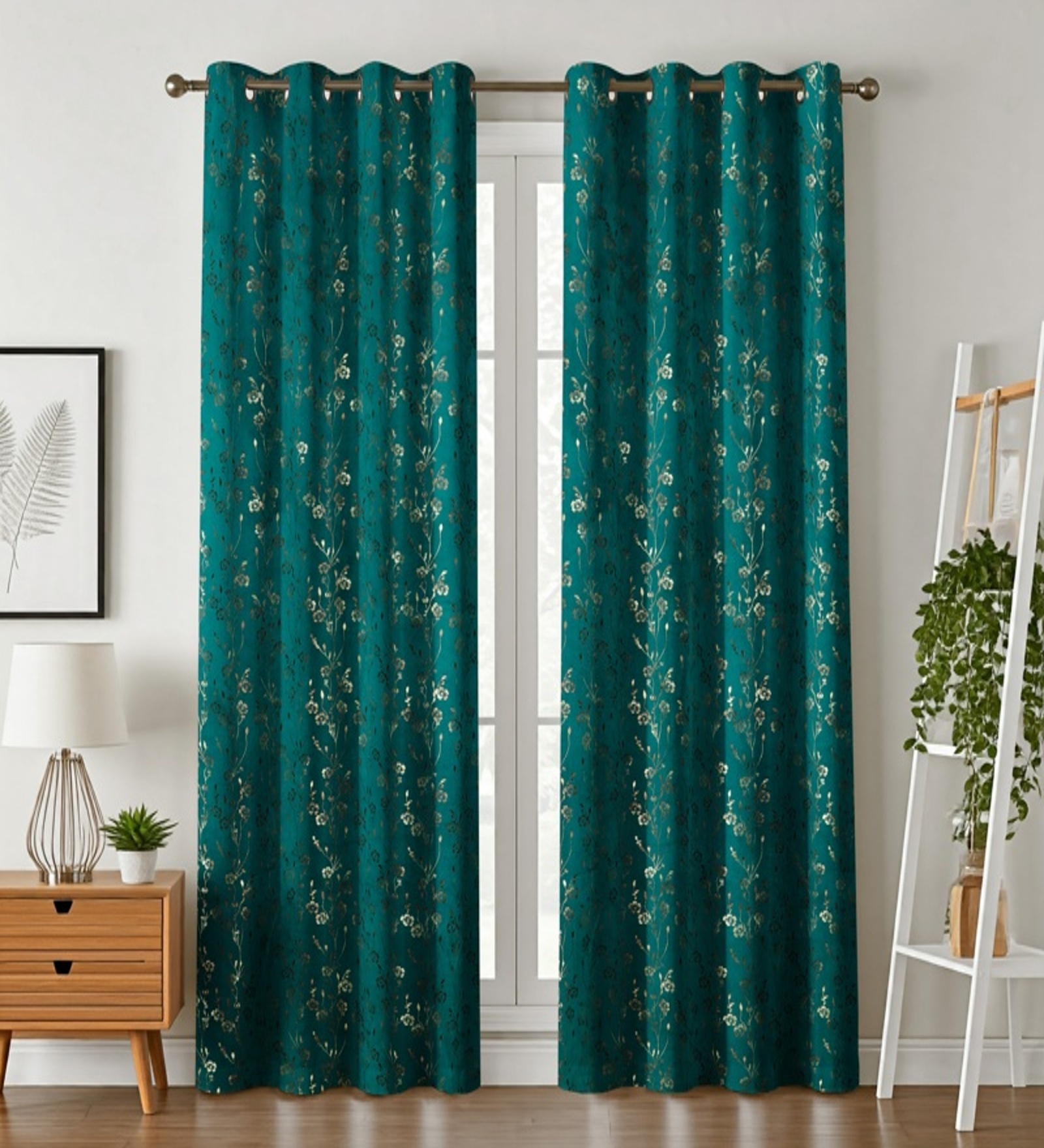 Green Velvet Feather 9Ft Ring Top Long Door Curtain Pack of 1