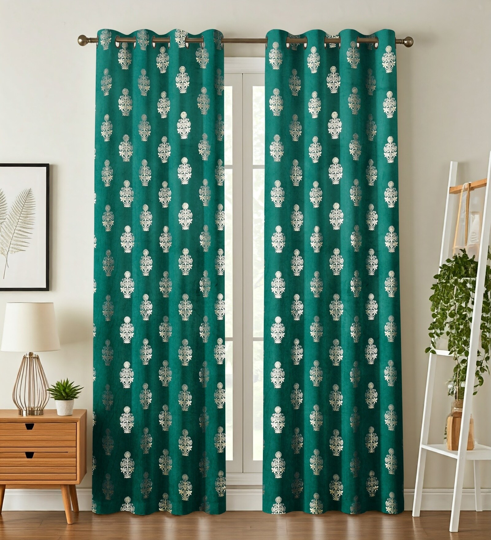 Green Velvet Floral 5 Foot Ring Top Window Curtain