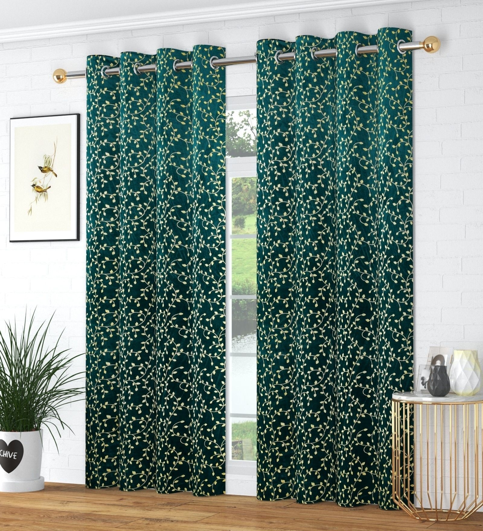 Green Velvet Floral 7 Foot Ring Top Door Curtain