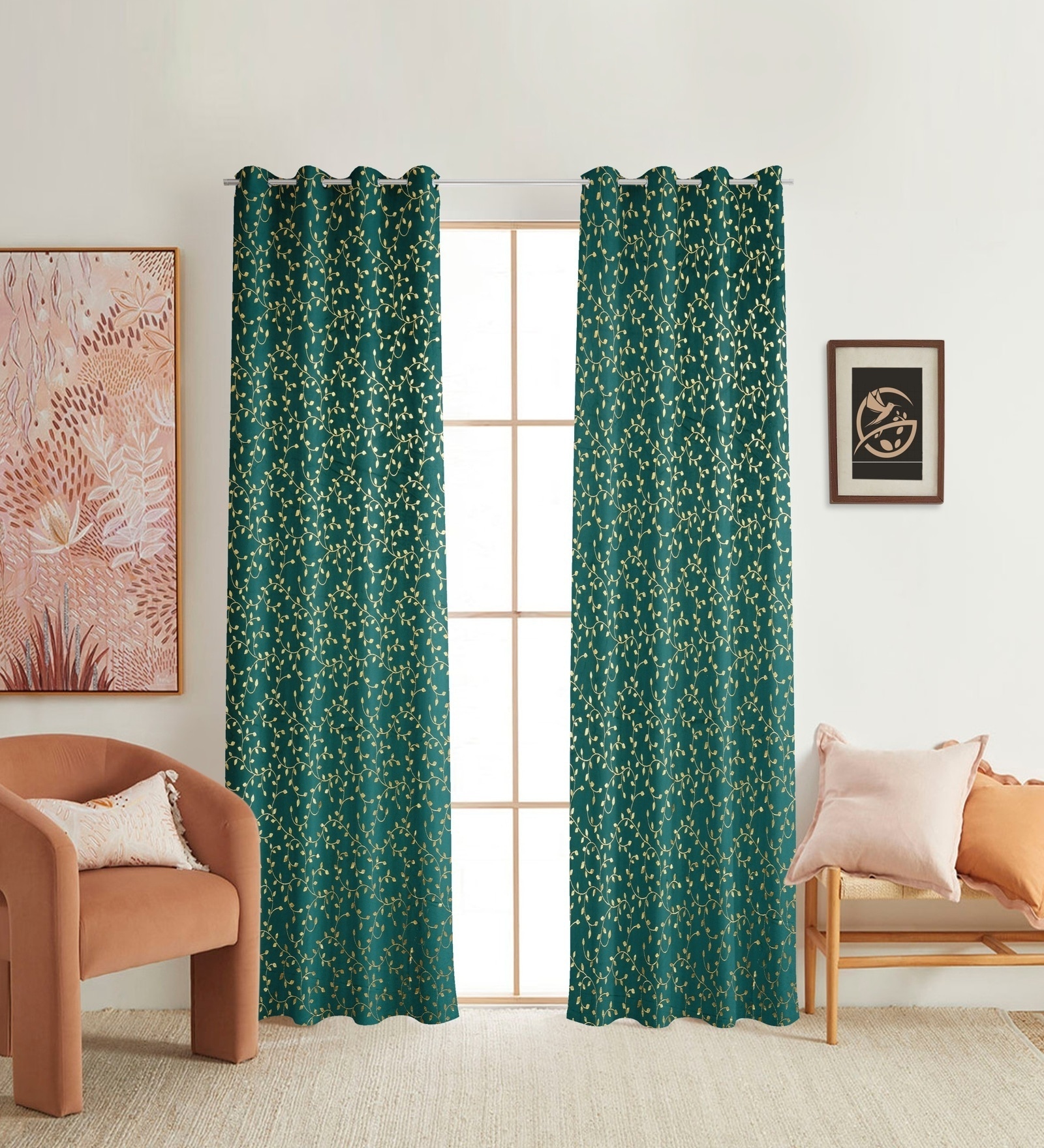 Green Velvet Floral 7 Foot Ring Top Door Curtains Set Of 2