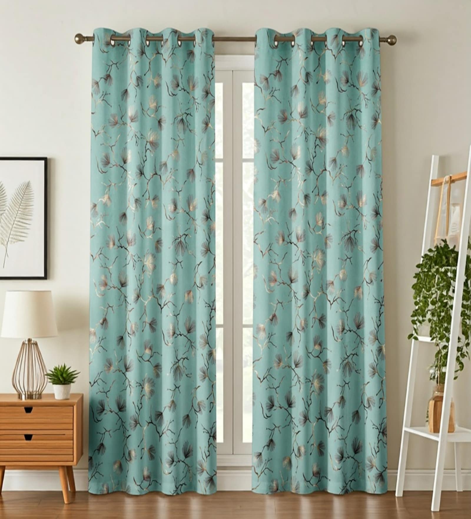 Green Velvet Leaf Print 5Ft Ring Top Window Curtain Pack of 1