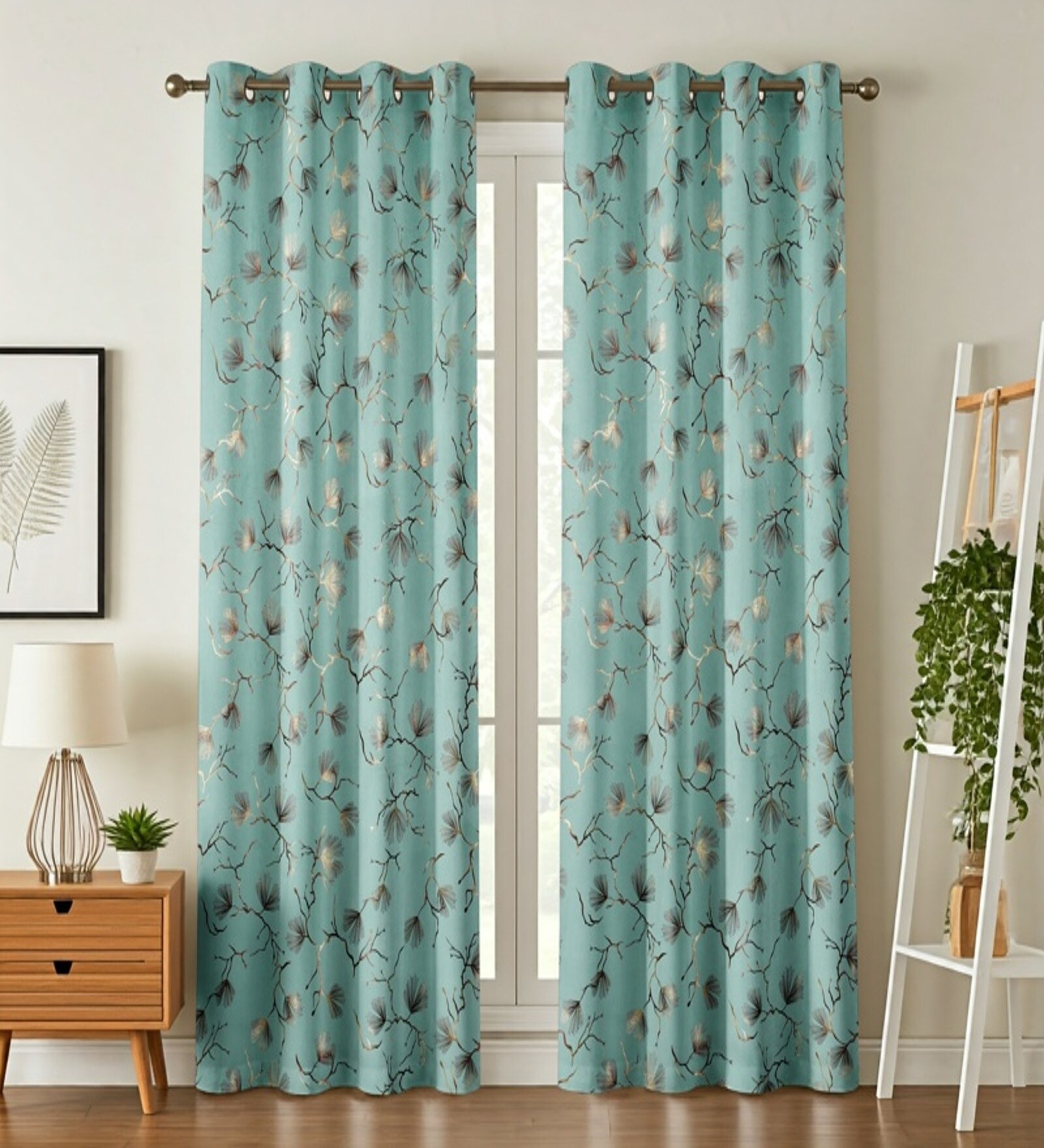 Green Velvet Leaf Print 5Ft Ring Top Window Curtains Pack of  2