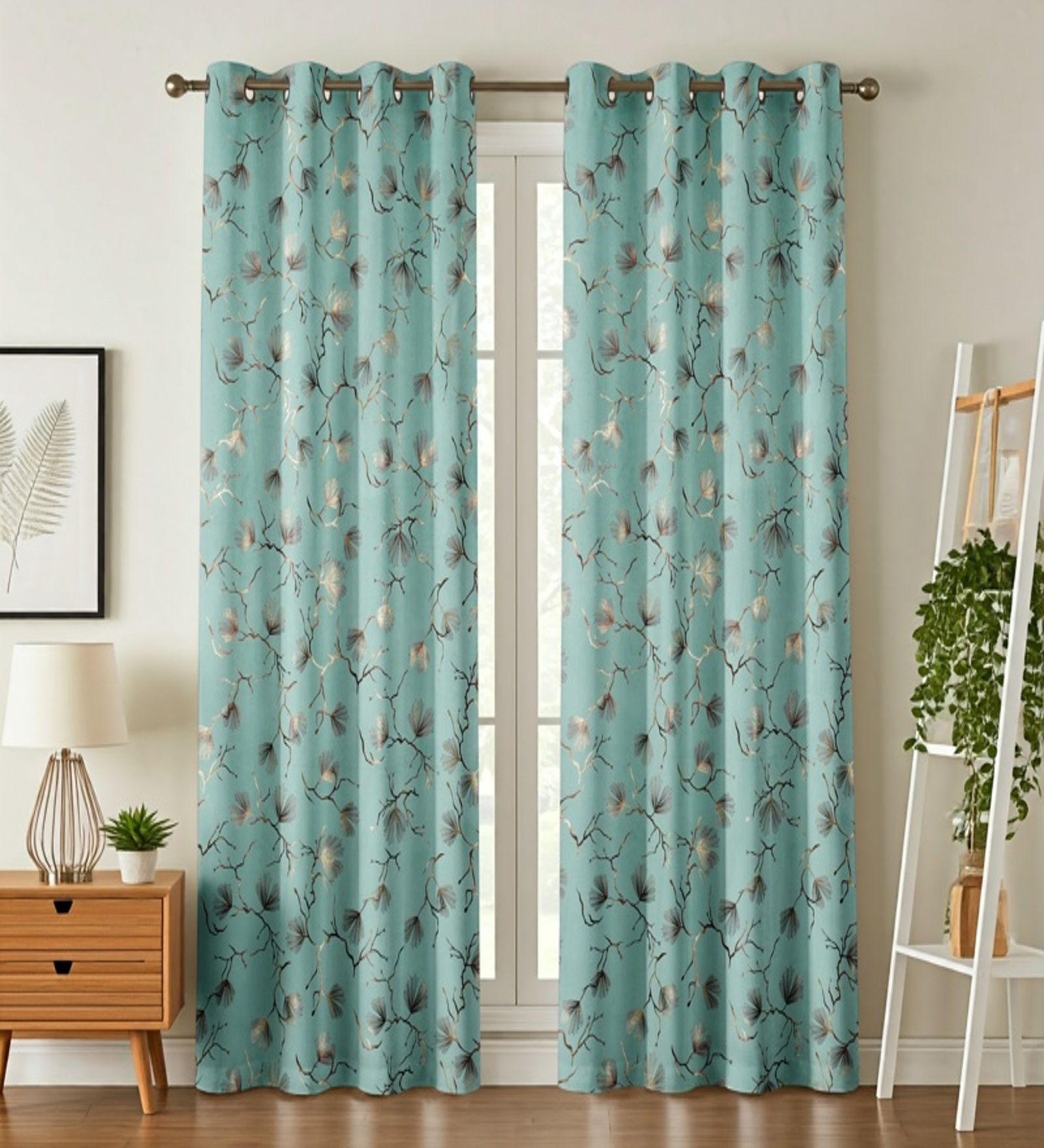 Green Velvet Leaf Print 7Ft Ring Top Door Curtain Pack of 1