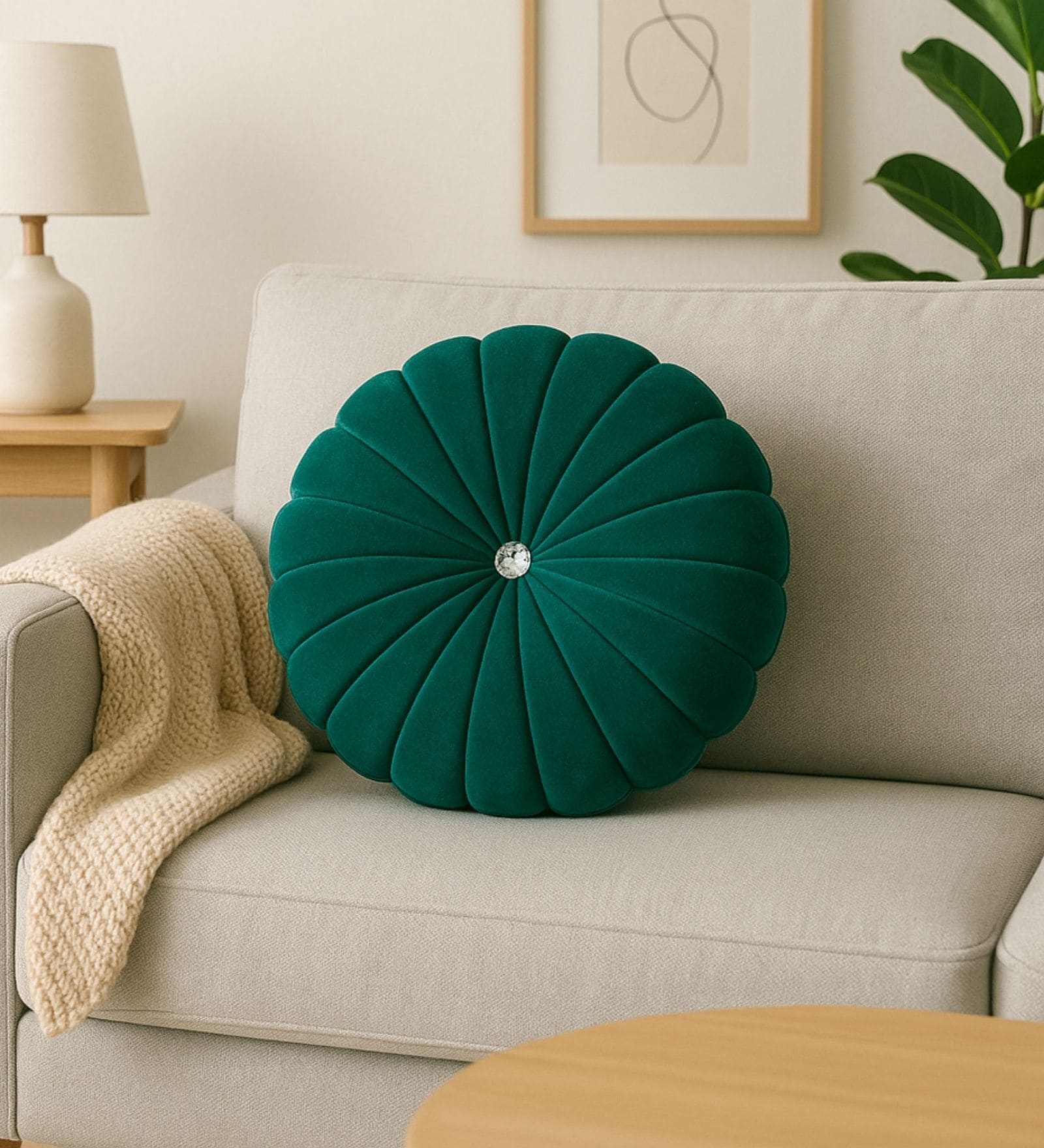 Green Velvet Round 14x14 inches Decorative Cushion (1Pc)