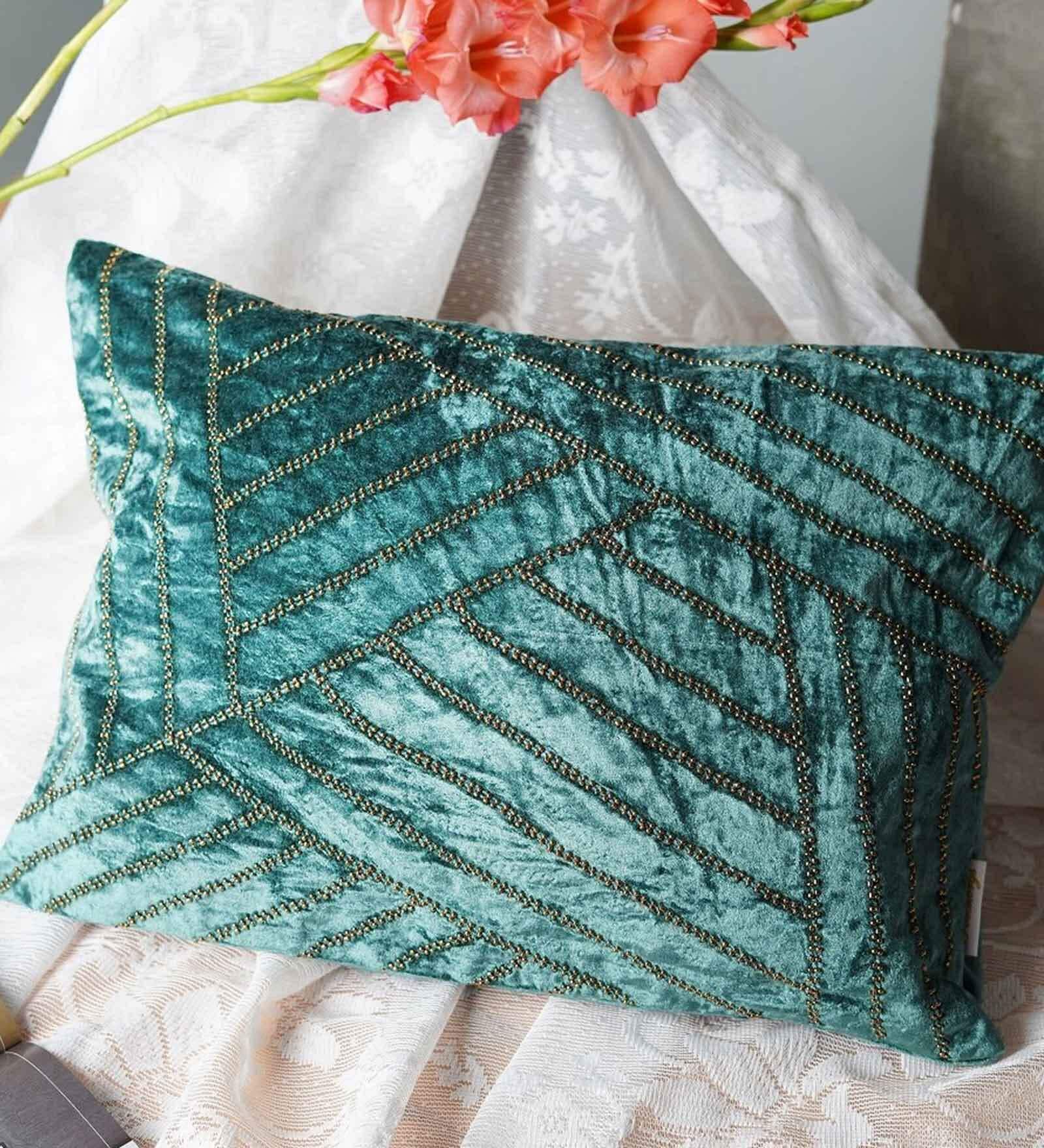 Green Zig Zag Velvet 18 x 12 Inches Cushion Cover