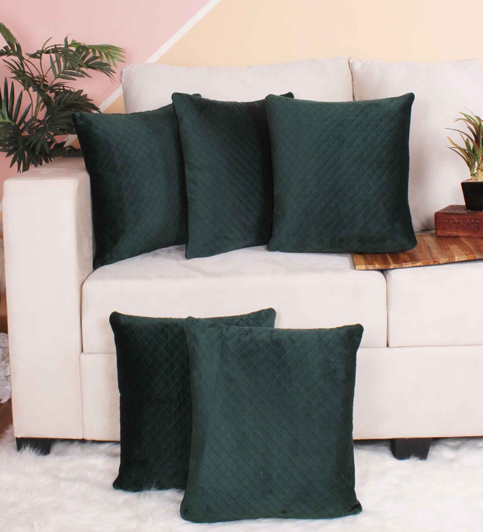 Green Velvet Solid 16x16 inches Cushion Covers (Pack of 5)