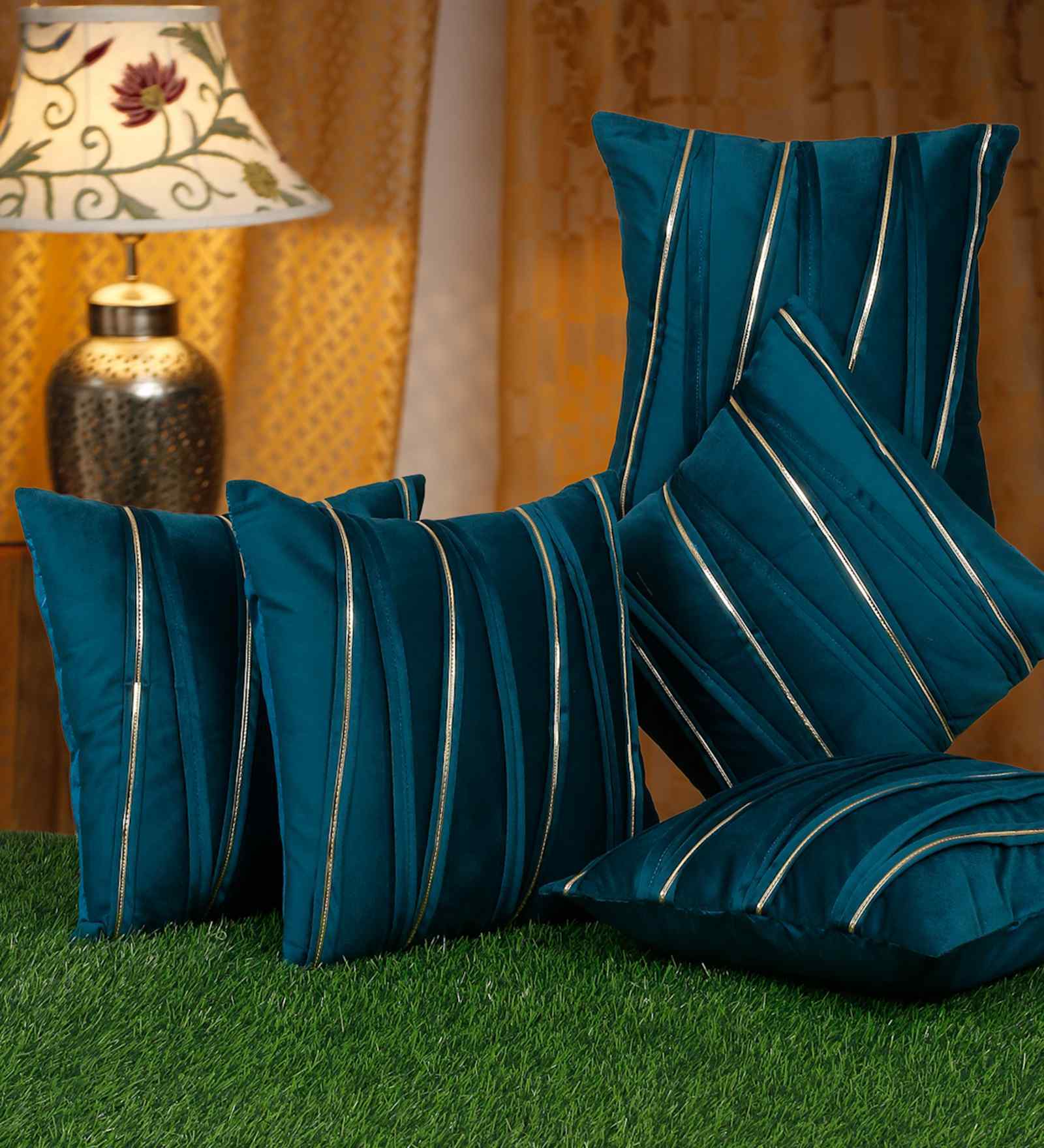 Green Velvet Striped 16X16 Inches Cushion Covers (Pack of 5)