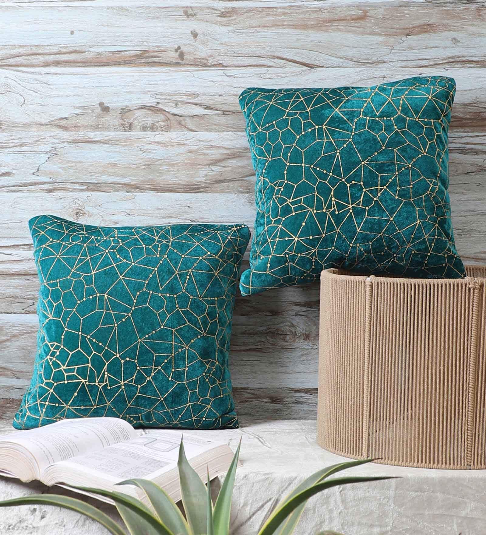 Teal Velvet Striped 16x16 inches Cushion Covers (Pack of 2)