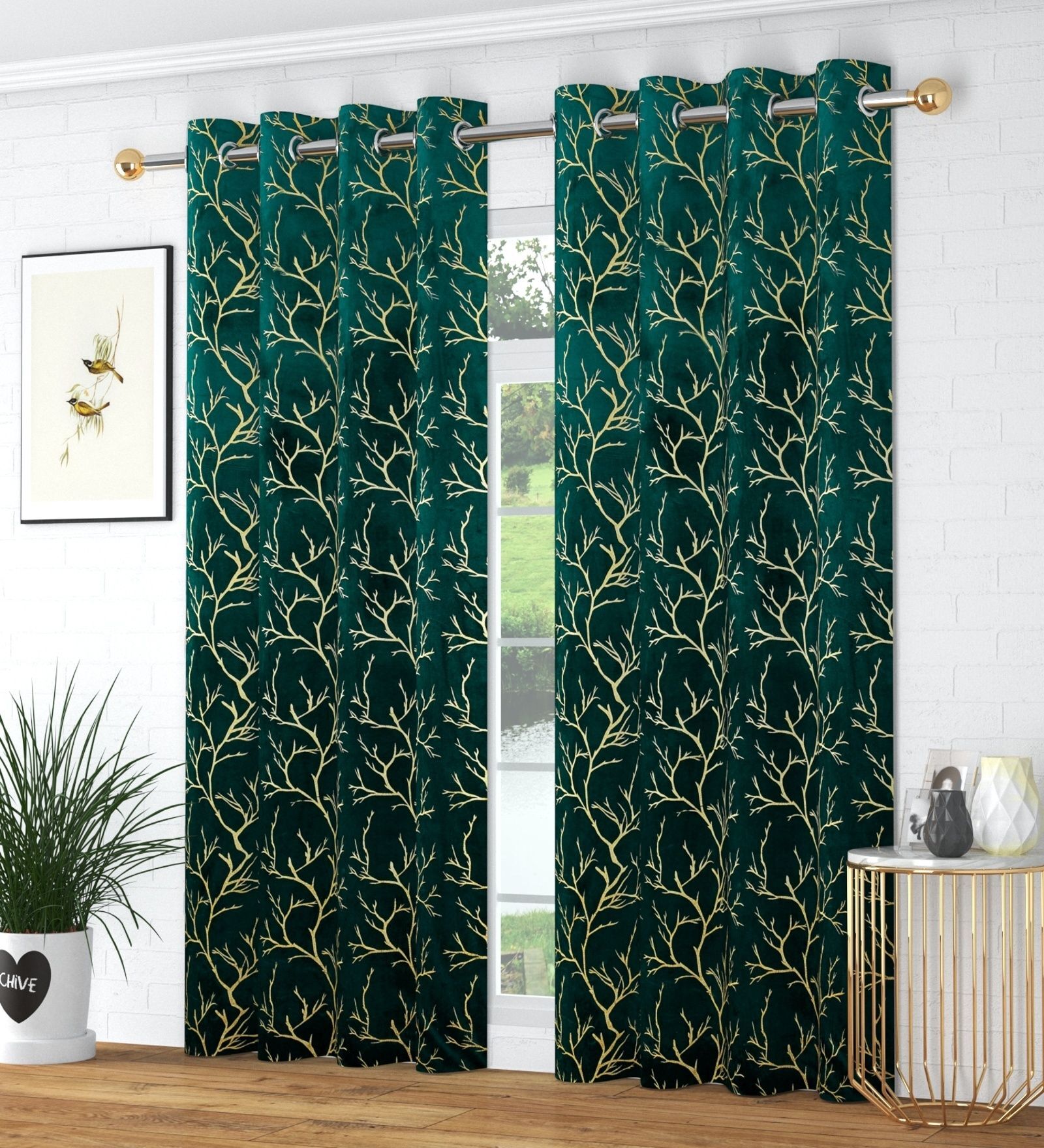 Green Velvet Tree Branch  7 Foot Ring Top Door Curtains Set Of 2