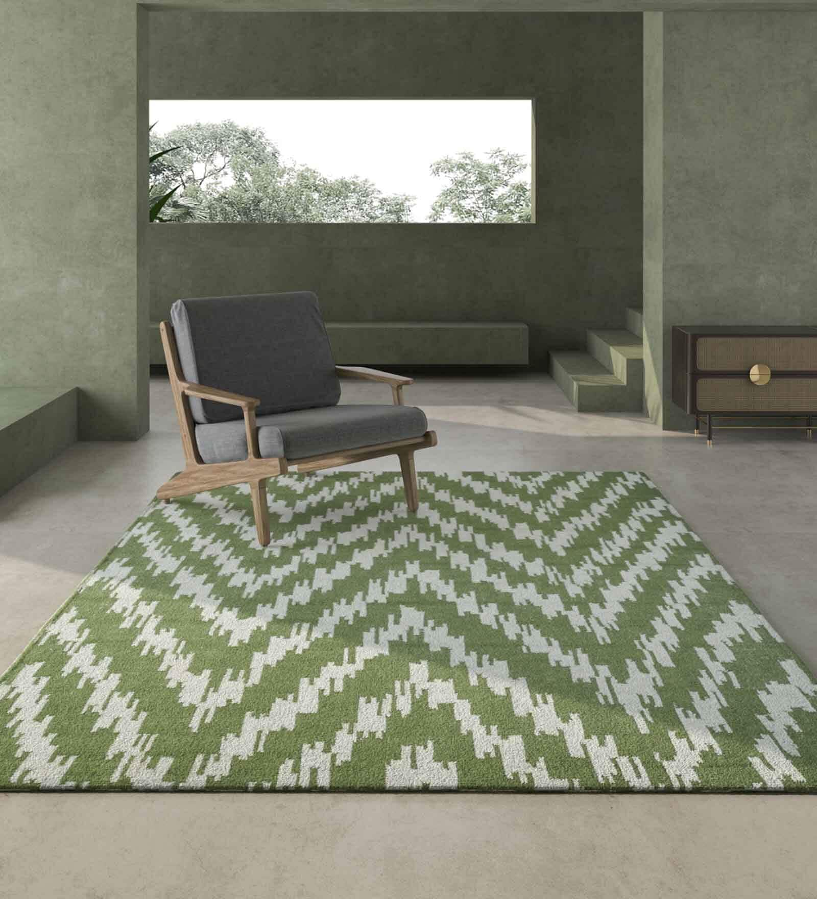 Green Viscose Geometric 60 x 84 Inches Flat Weaves Dhurries