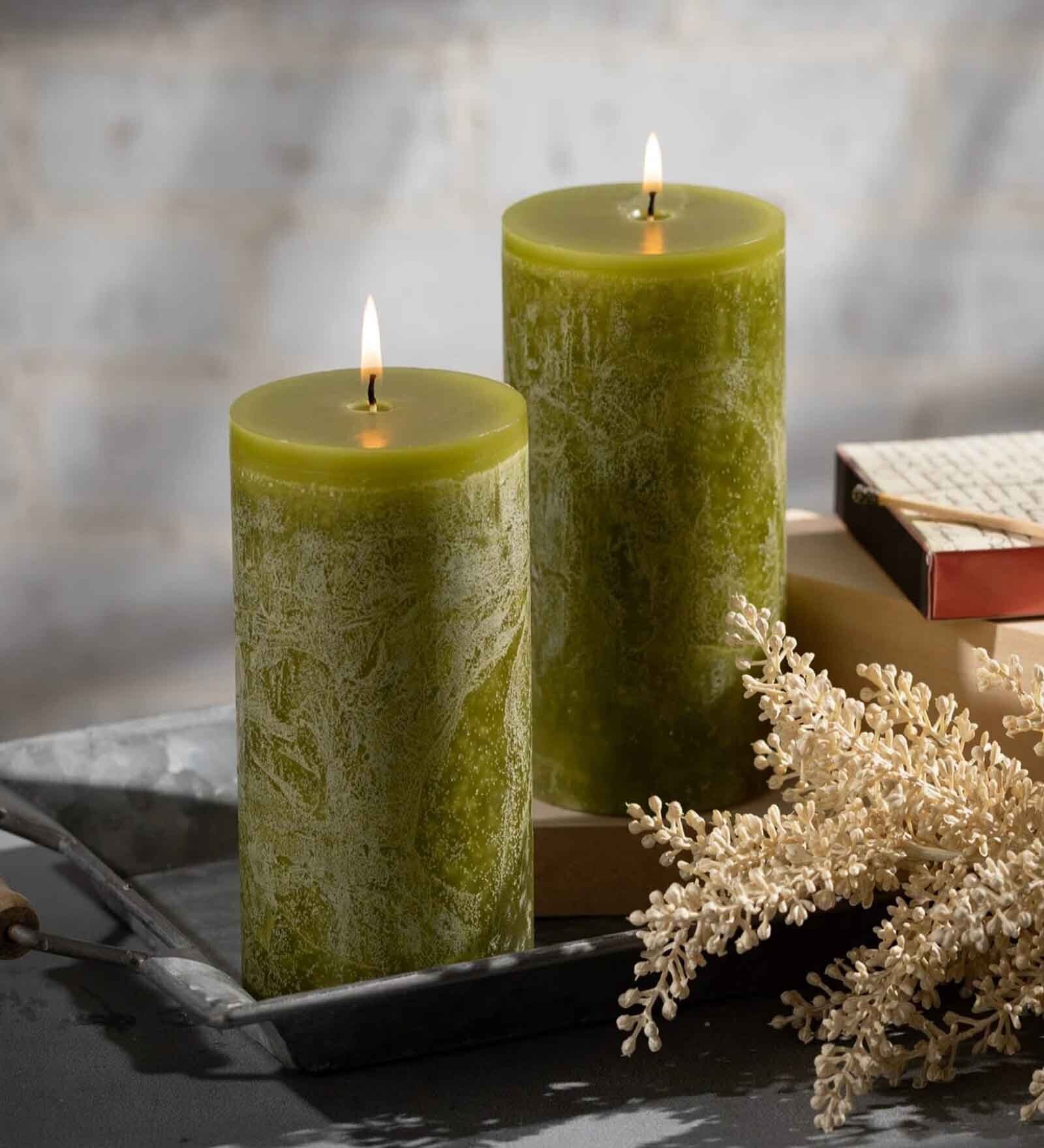 Green Wax Scented Pillar Candles Set Of 2
