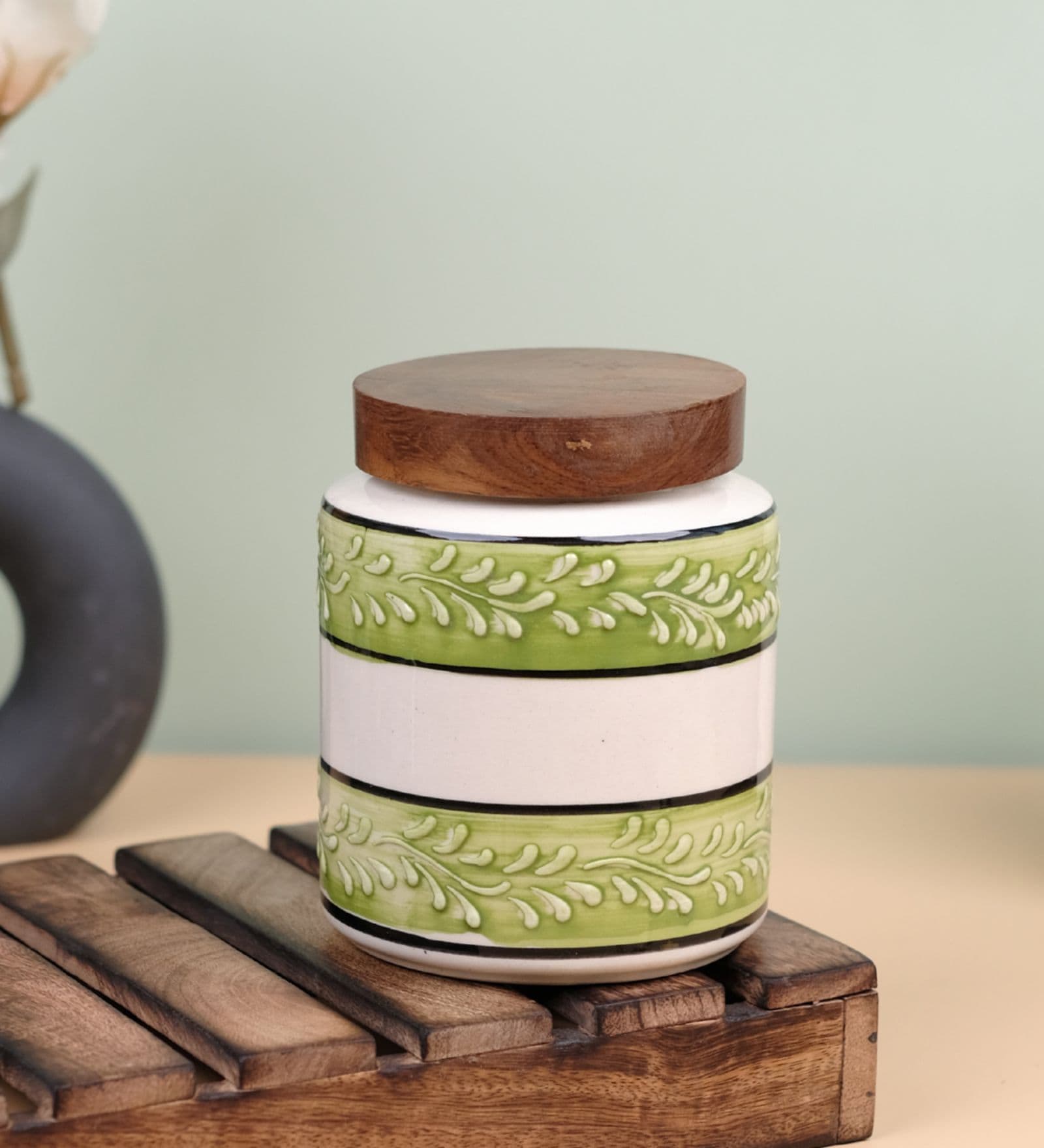 Green White Embossed Ceramic Air Tight Jar with Wooden Lid
