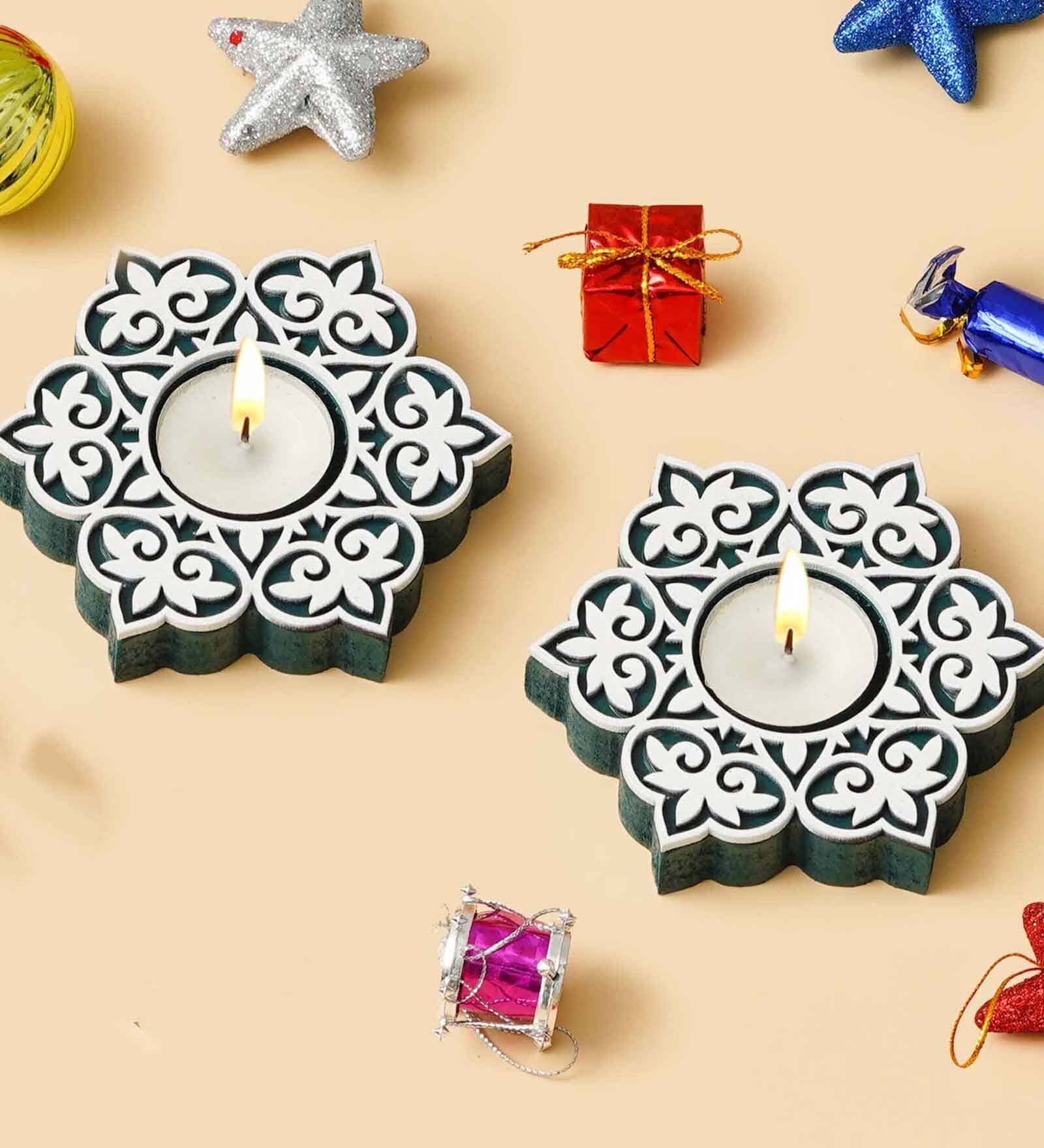 Green Wood Tea Light Candle Holder (Set of 2)