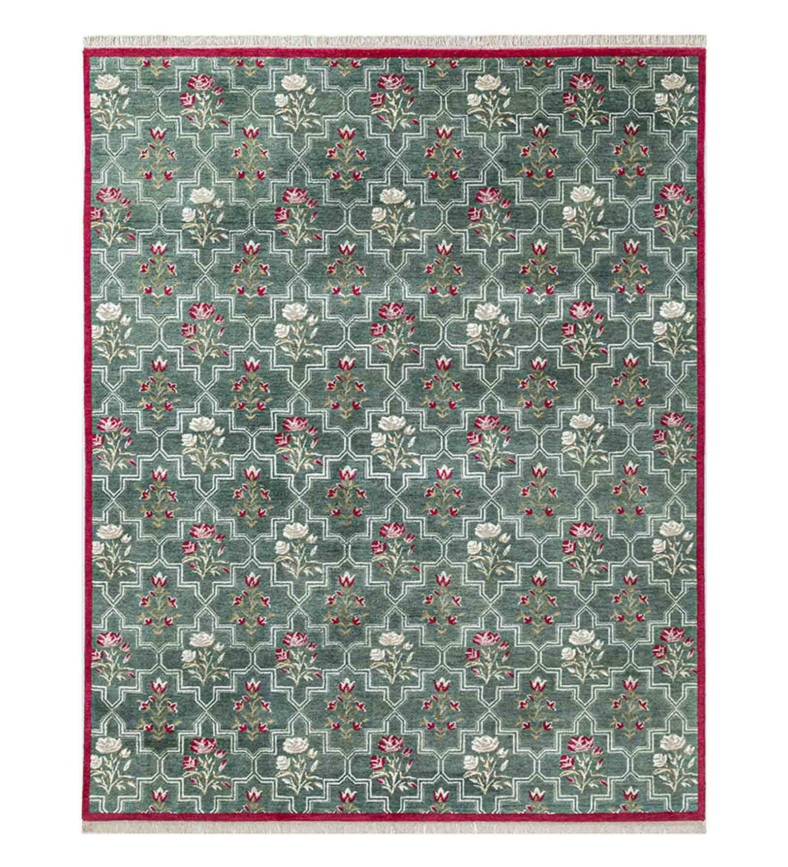 Green Floral Wool & Cotton 5 ft x 7 ft Hand Knotted Carpet