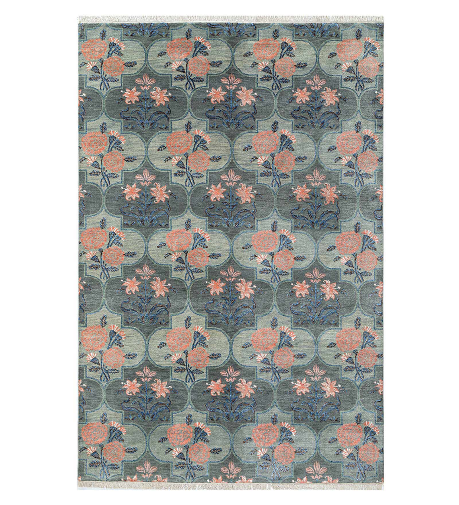 Green Floral Wool & Cotton 5 ft x 7 ft Hand Knotted Carpet