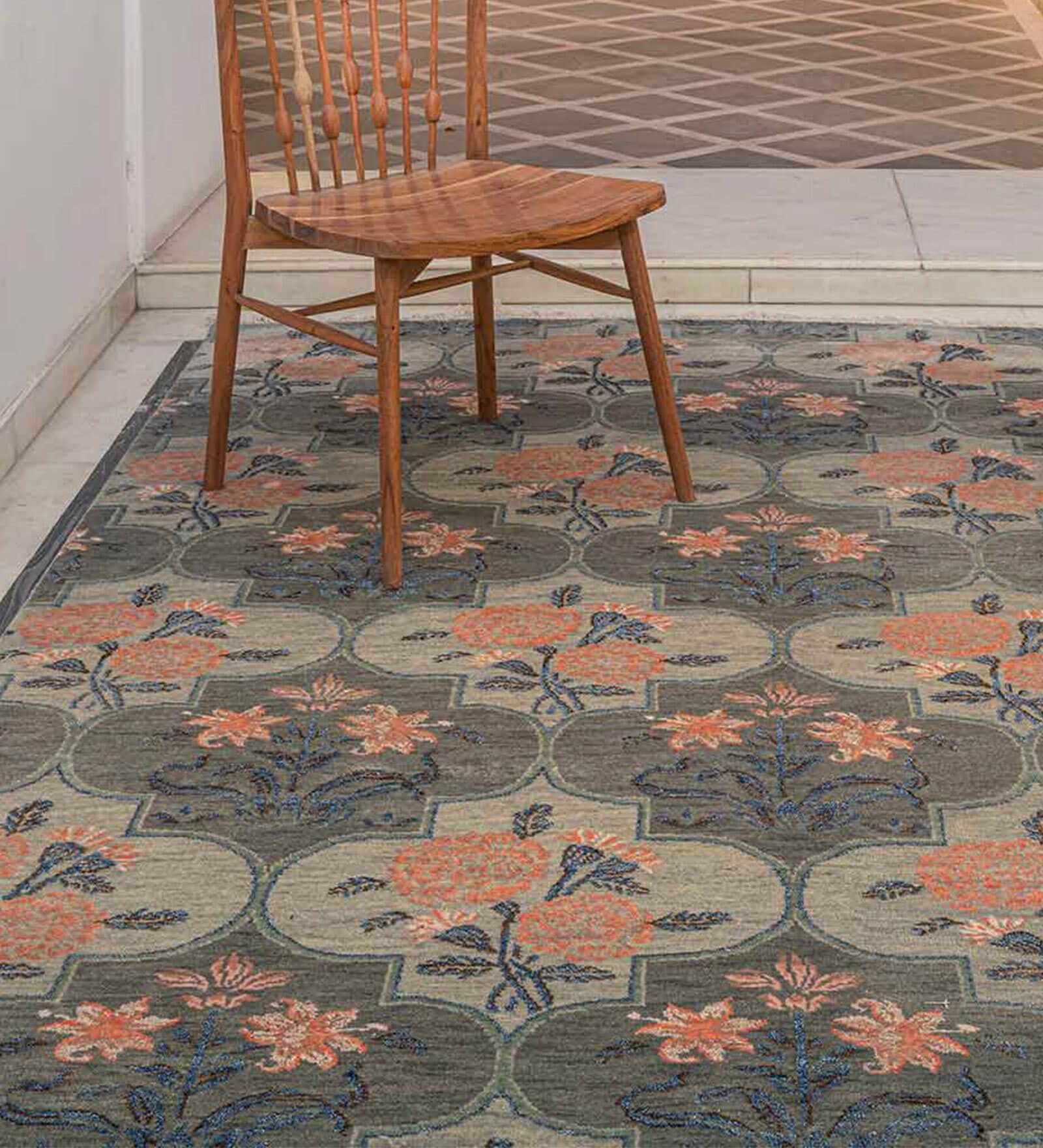 Green Wool & Cotton Floral 6 x 9 Feet Hand Knotted Carpet Amer Canvas Collection