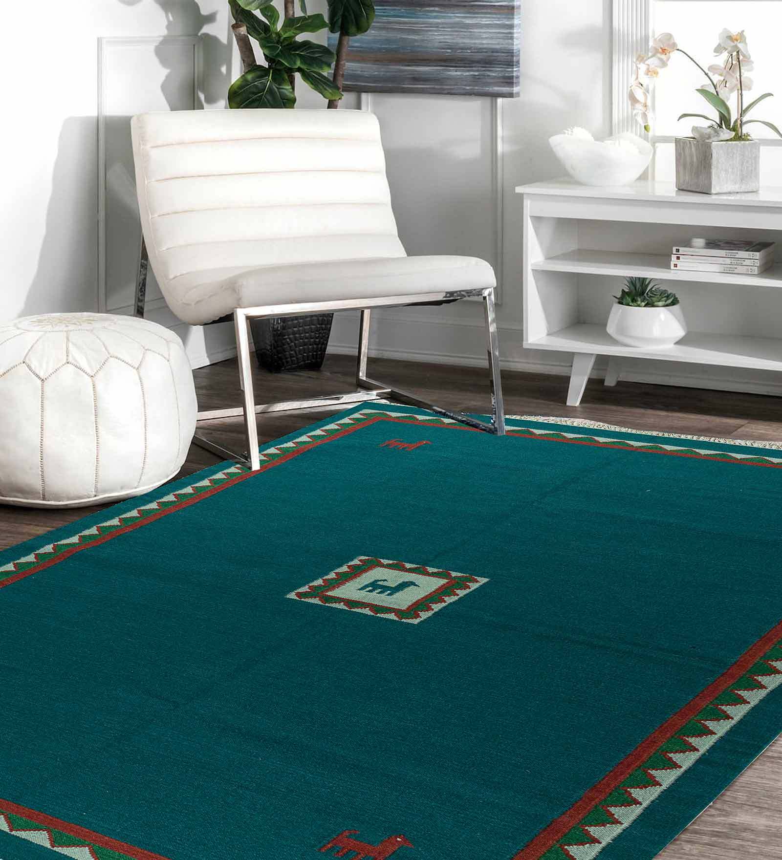 Green Wool & Cotton Hand Woven 5 X 8 Feet Dhurrie