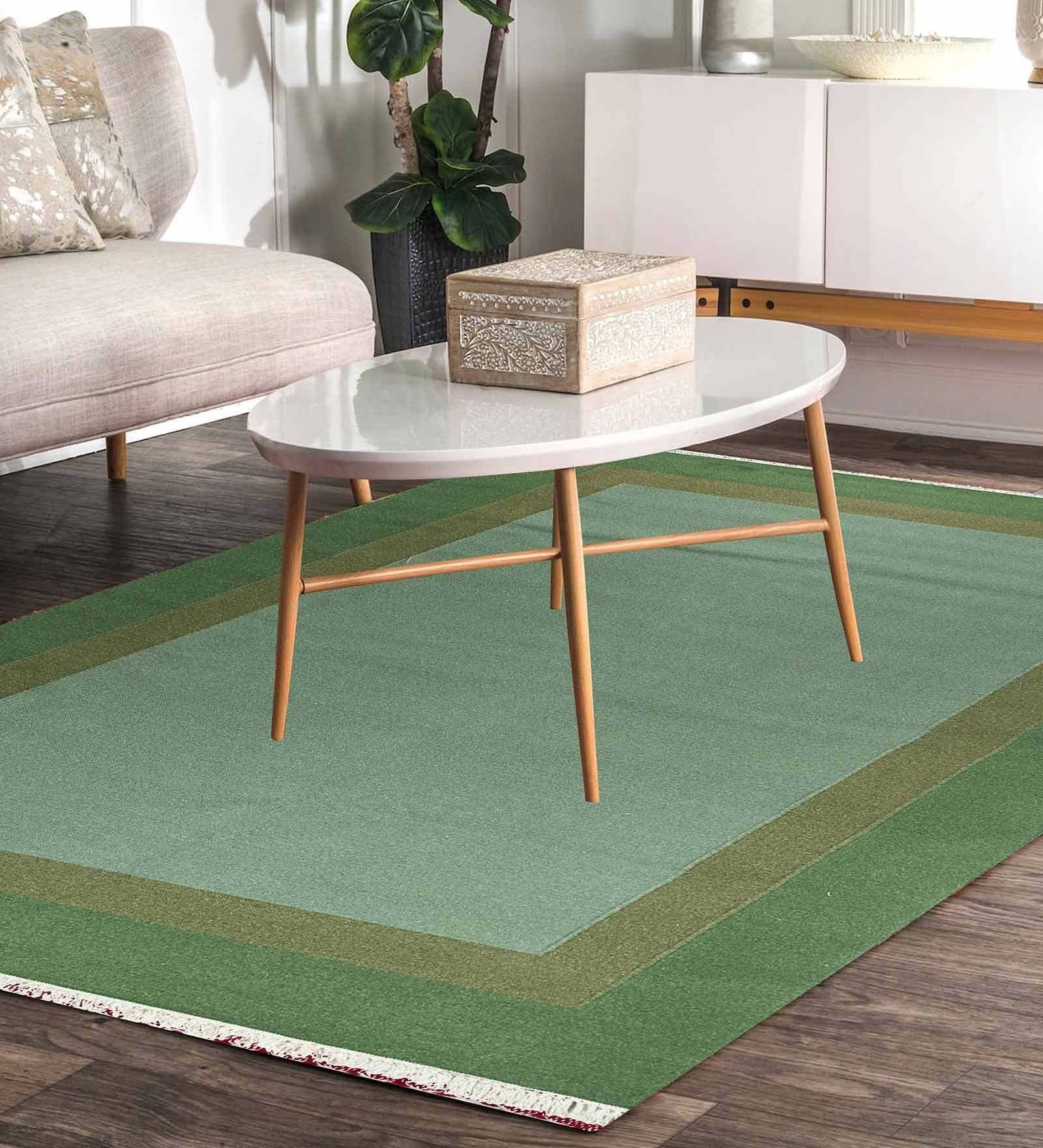 Green Wool & Cotton Hand Woven 8 X 10 Feet Dhurrie