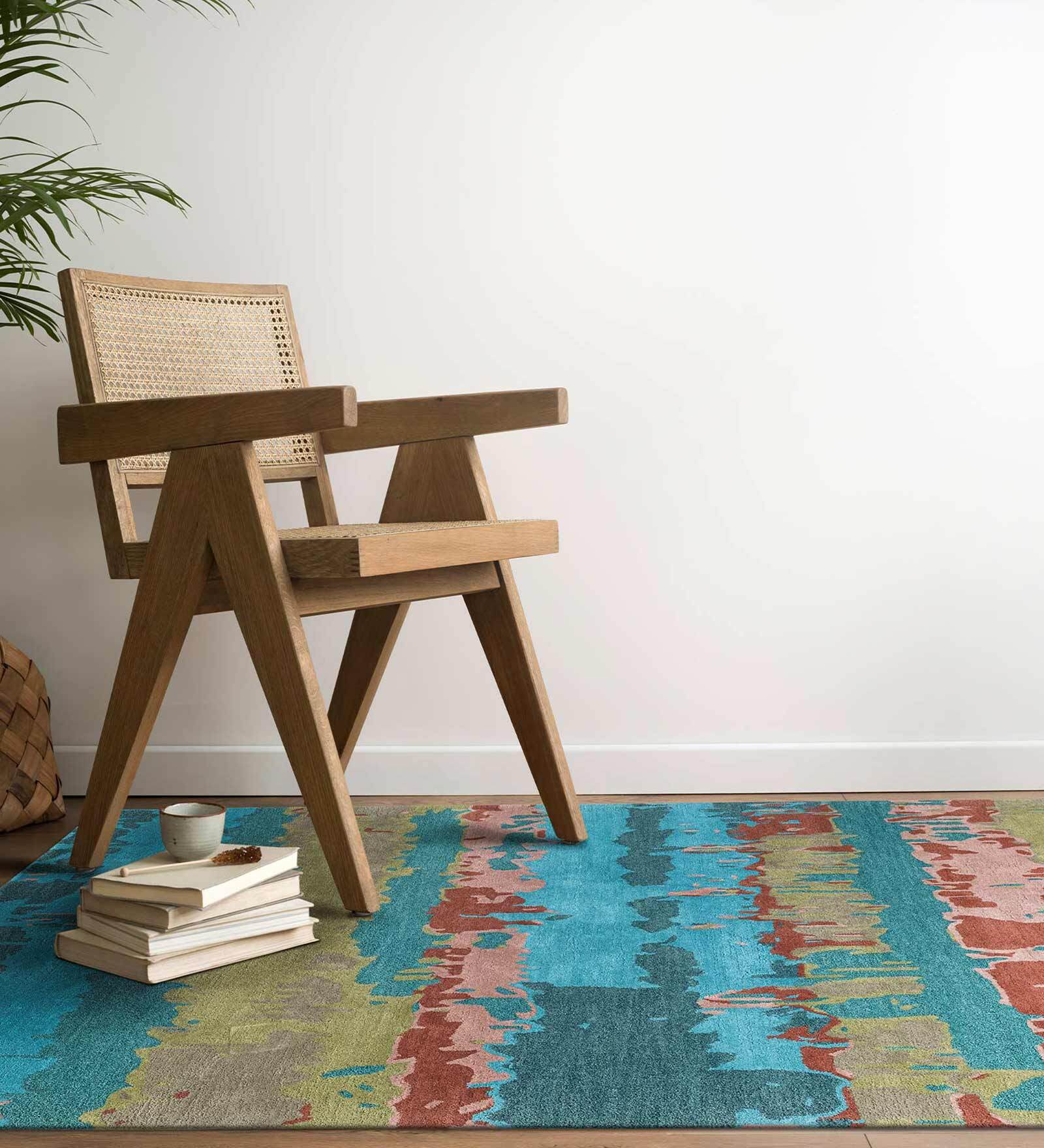 Green Abstract Wool and Cotton 6 ft x 9 ft Hand Tufted Carpet