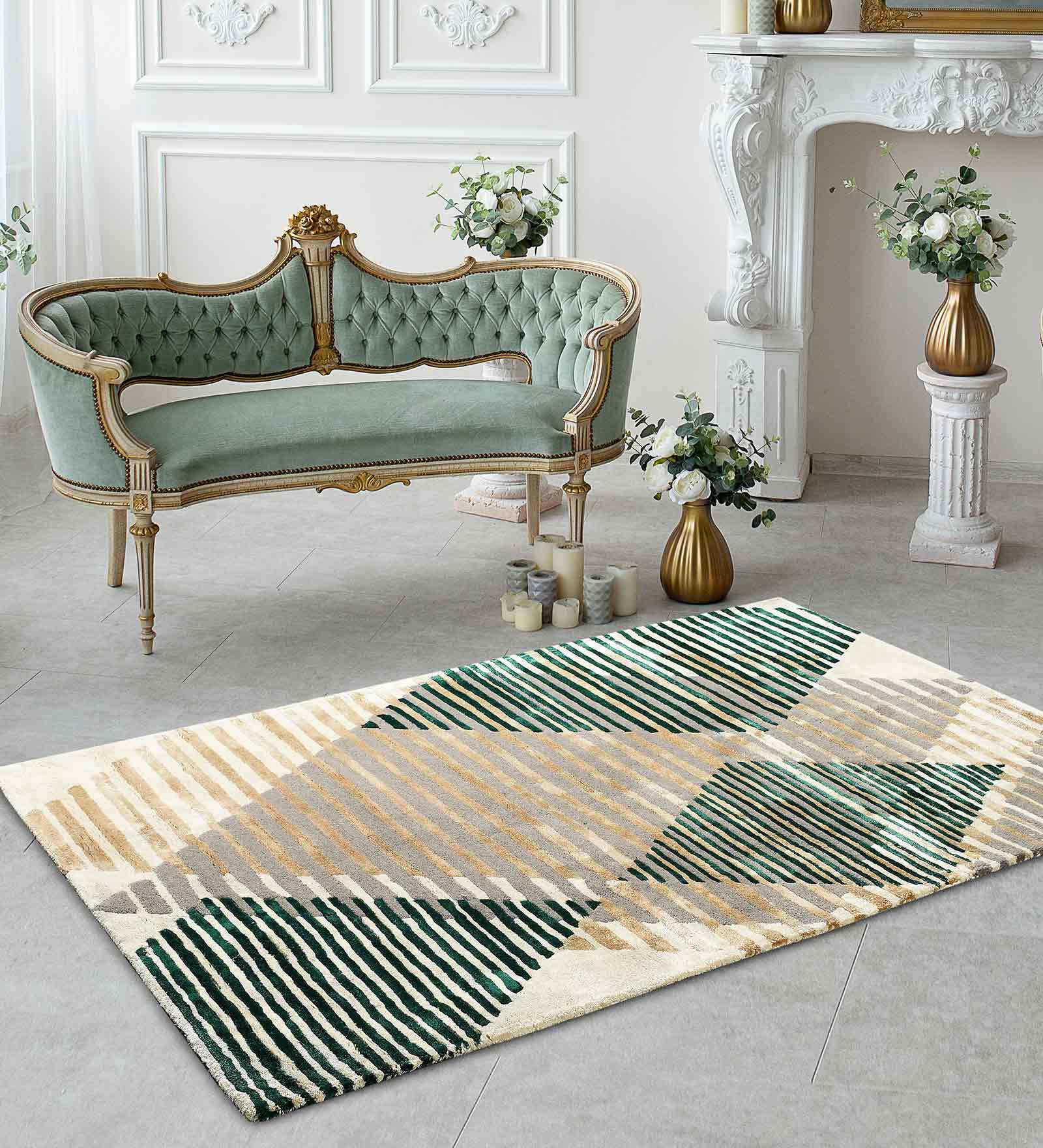 Buy Green Wool and Viscose Geometrical 6 x 8 Feet Hand Tufted Carpet