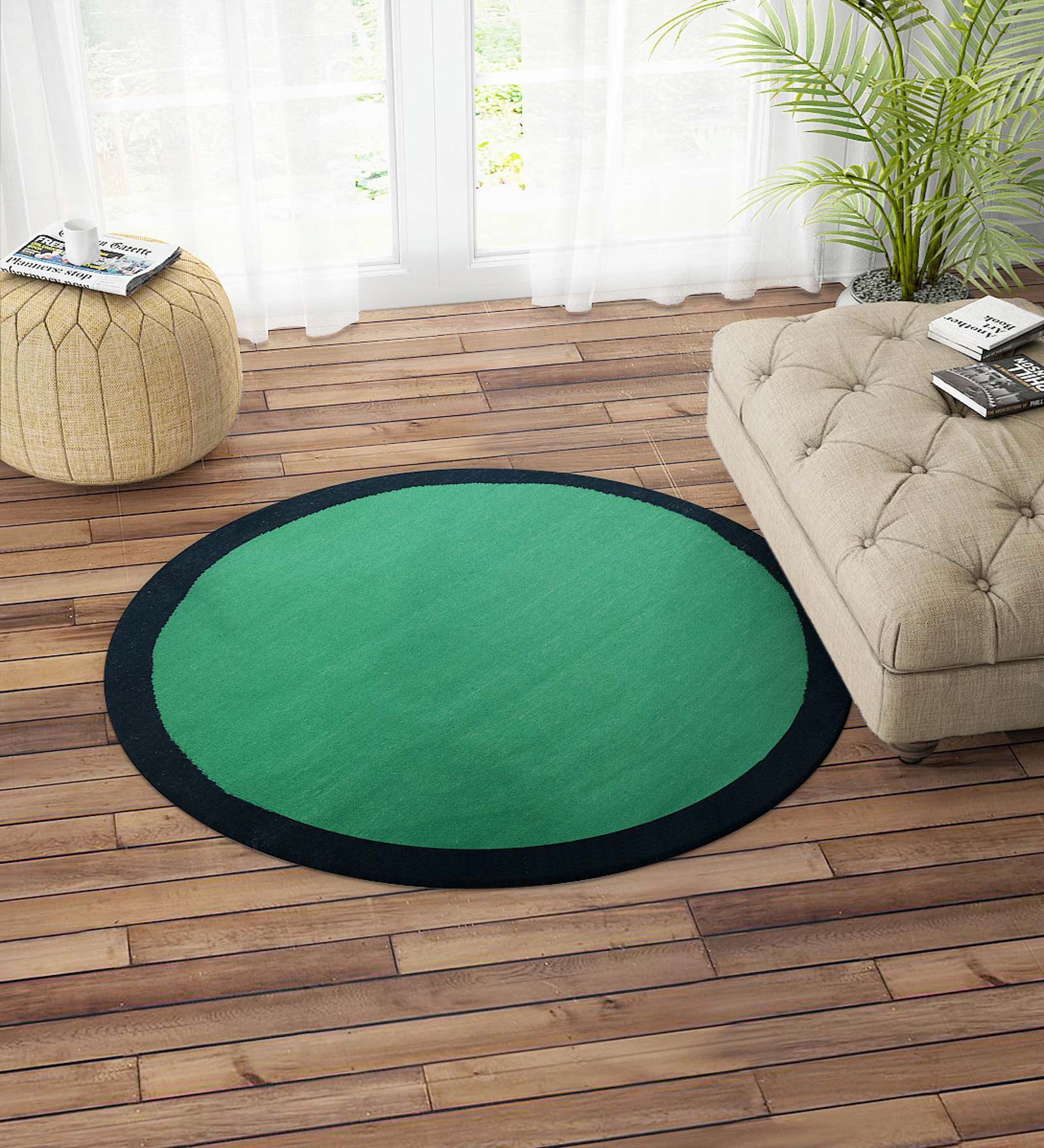 Green Wool 4.7 ft x 4.7 ft Hand Woven Dhurrie