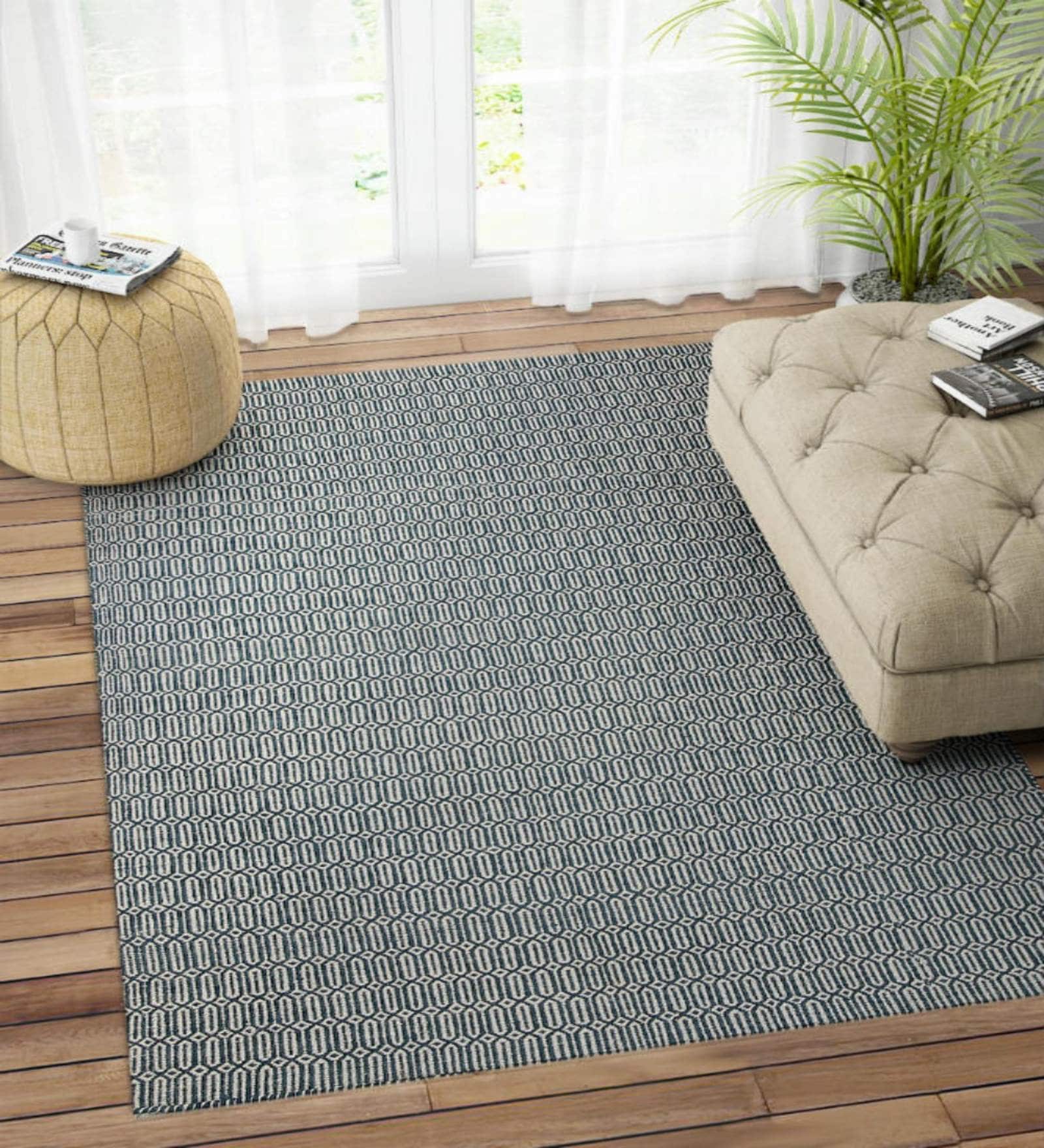 Green Wool Geometric 96 x 60 Inches Hand Woven Dhurrie