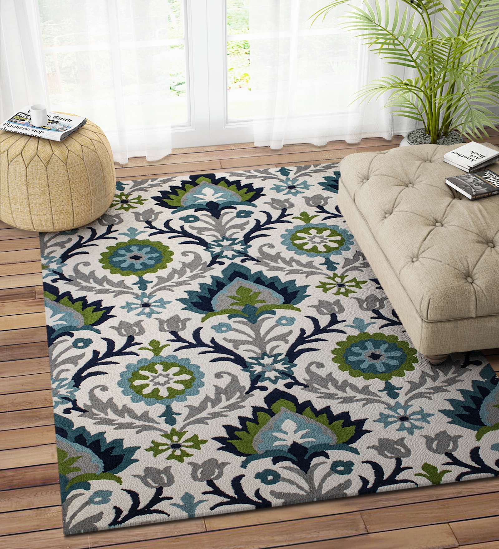 Green Suzani Wool 5 ft x 8 ft Hand Tufted Carpet