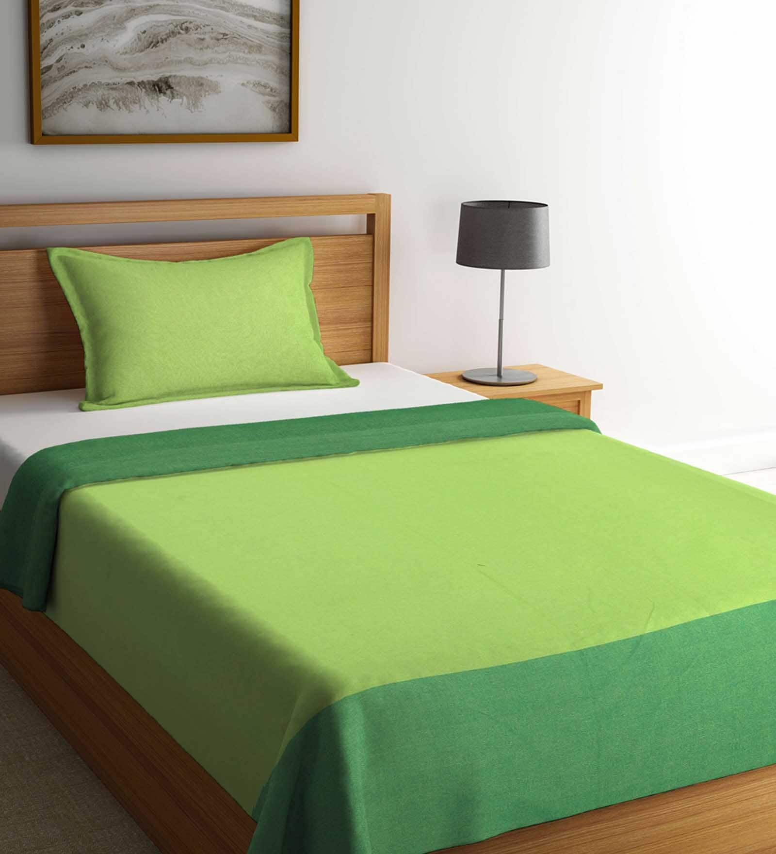 Buy Green Woven Design Cotton Single Bed Cover with Pillow Cover by
