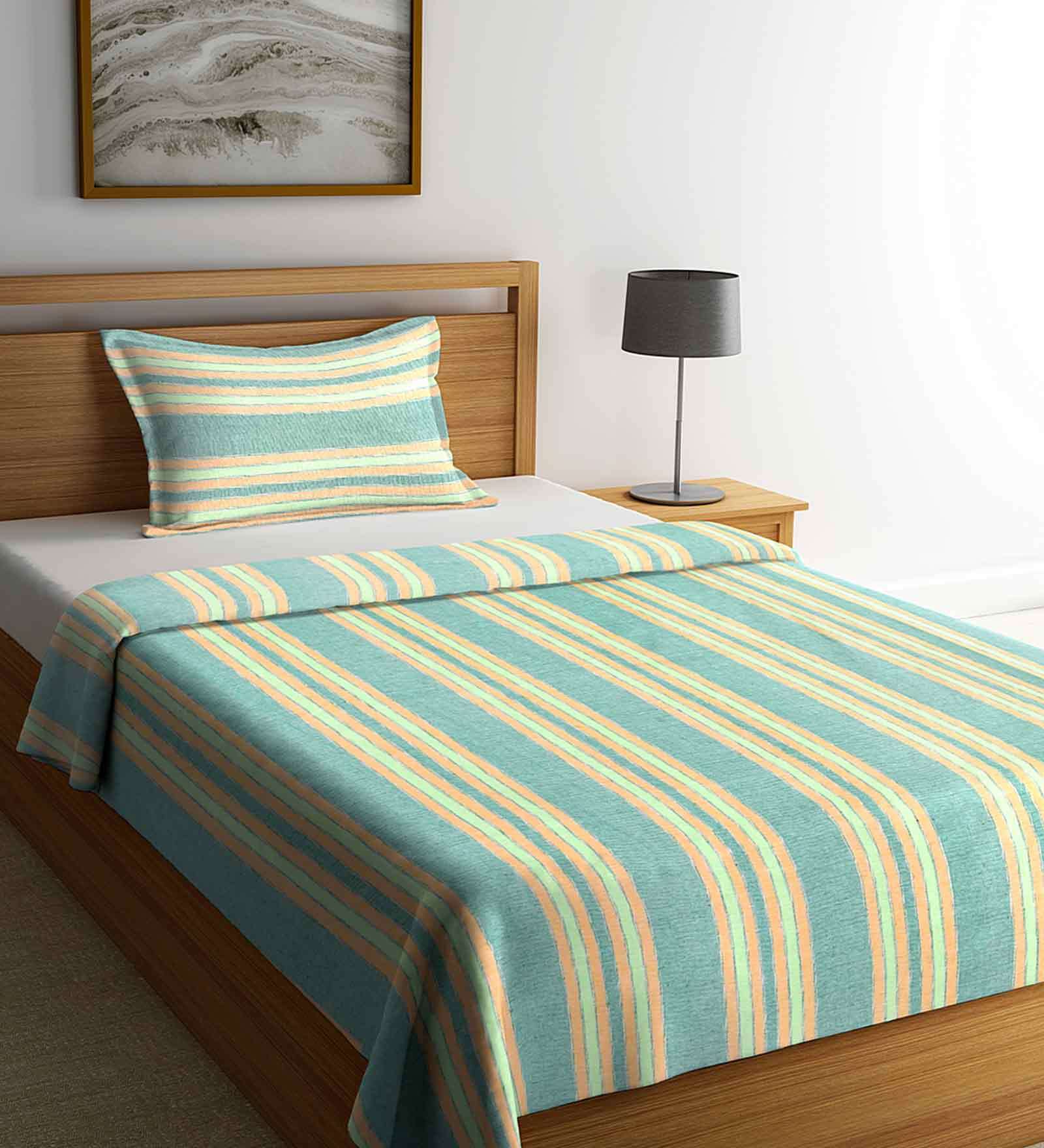Buy Green Geometric 300 TC Cotton Single Bed Cover with 1 Pillow Cover
