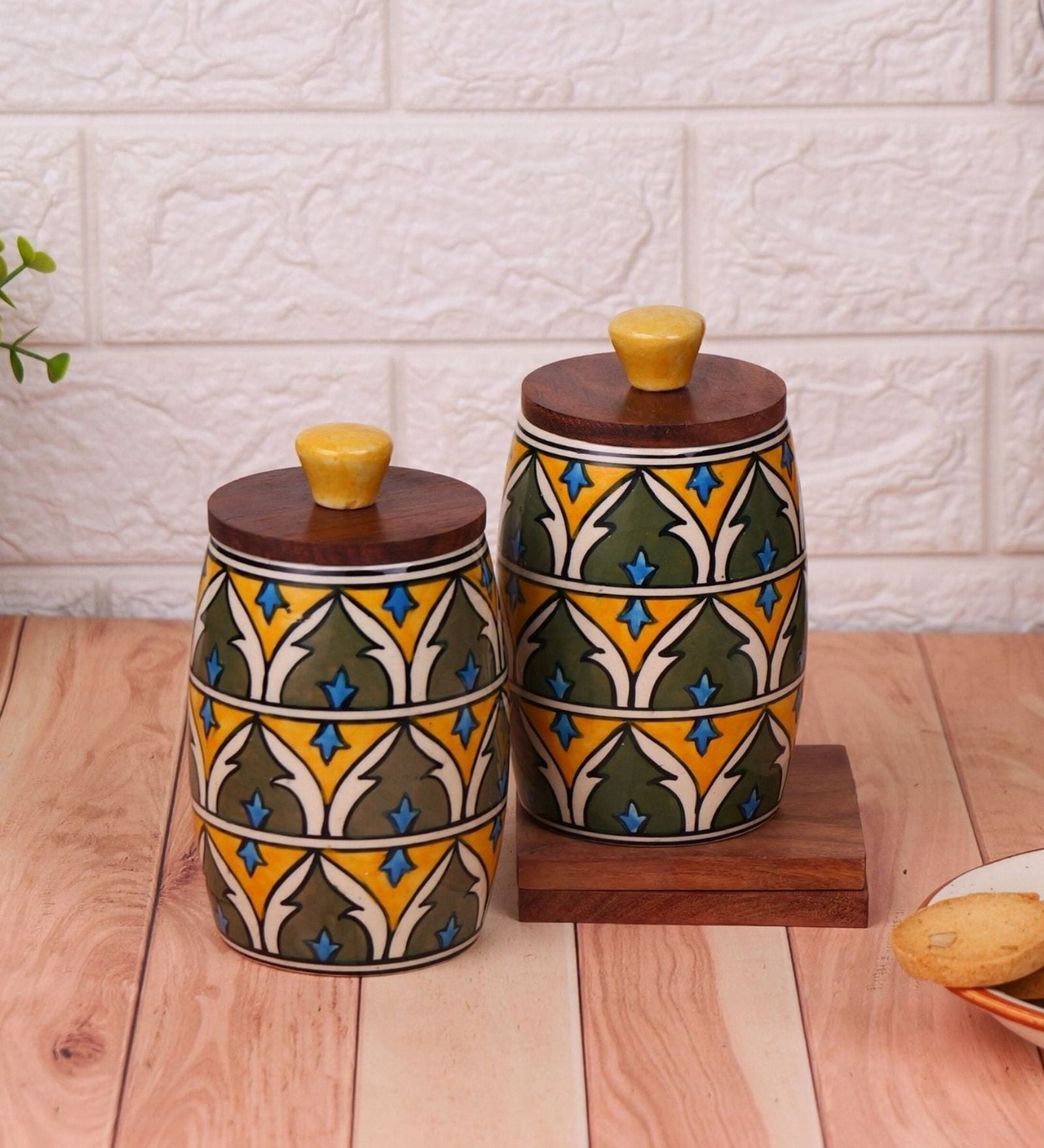 Green Yellow Jodhpuri Hand-made Ceramic Dholak Jar with Wooden Lid Set of 2