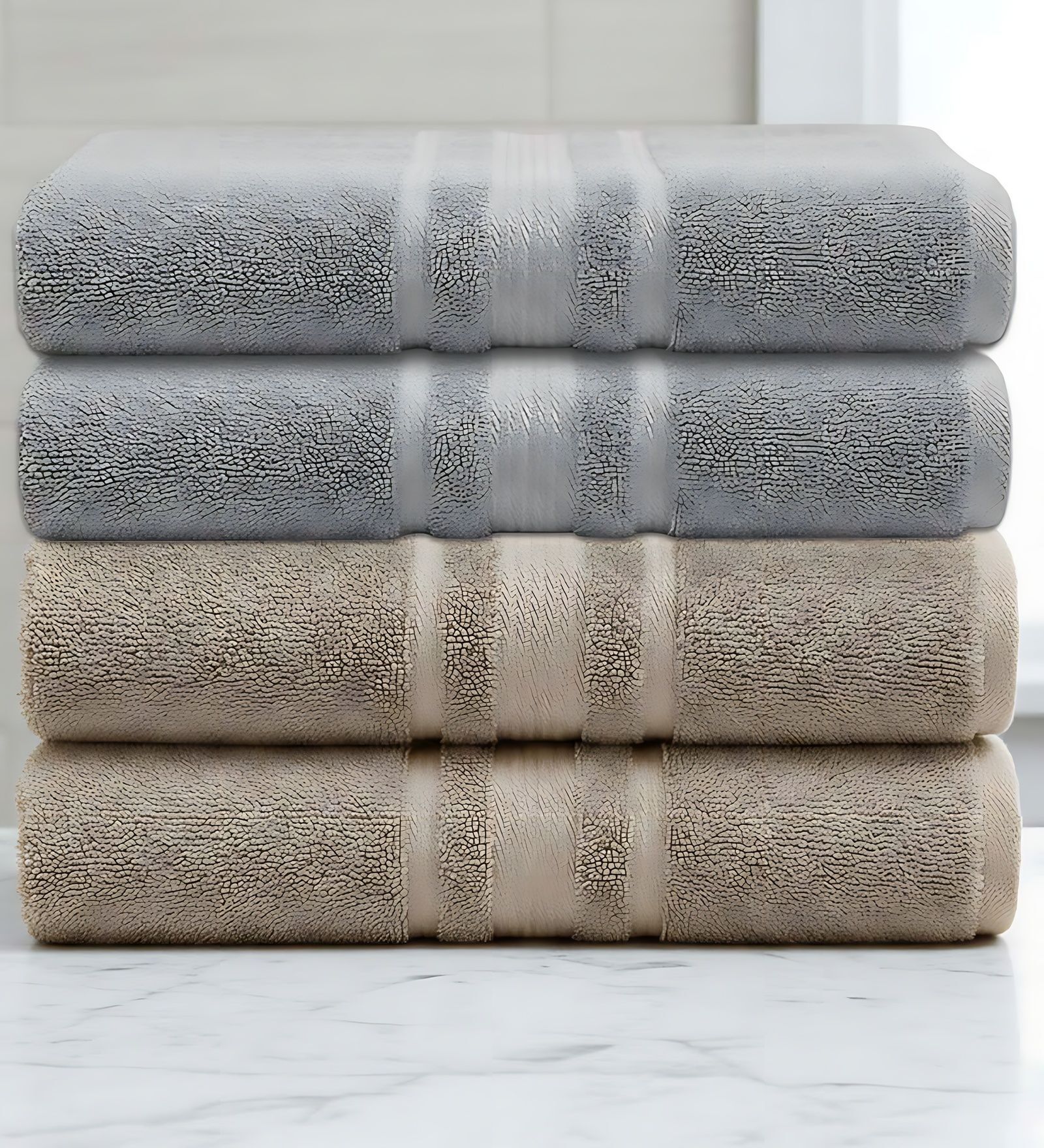 Grey & Beige Soft Cotton 500 GSM Solid Bath Towel Pack Of 4