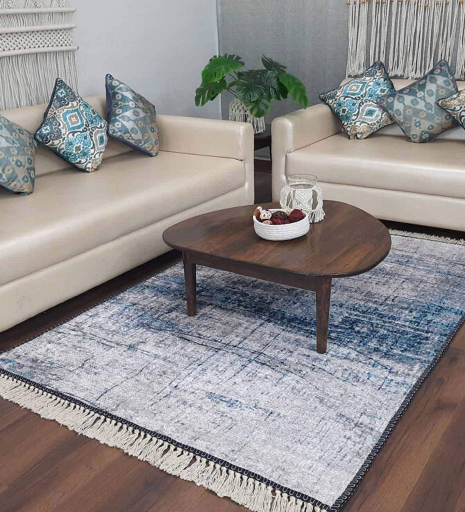 Grey & Blue Faux Silk Abstract 3 x 5 Feet Hand Woven Carpet -Avioni Collection