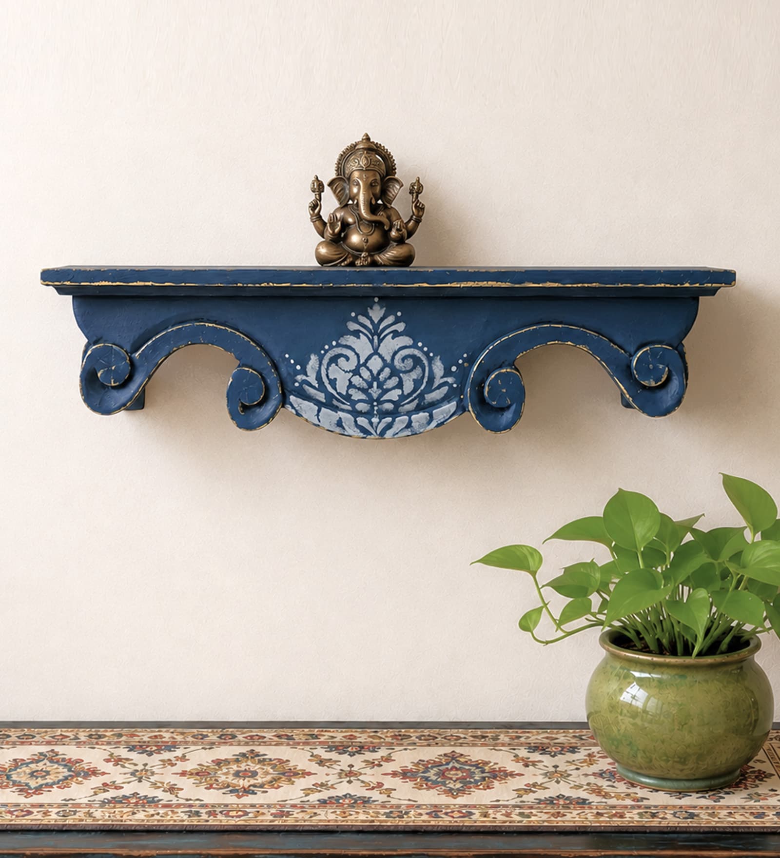 Grey & Blue Solid Wood Handcarved Shila Floating Wall Shelf