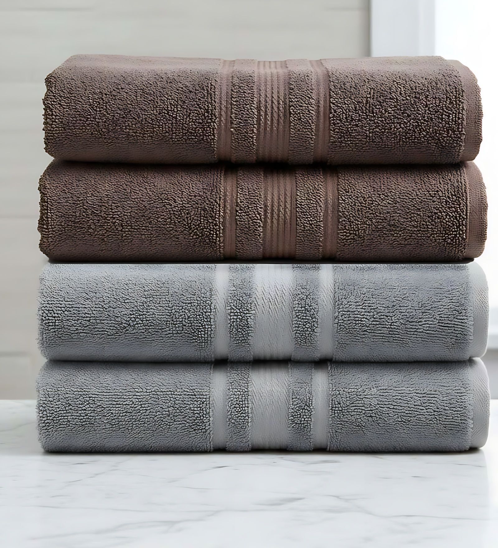 Grey & Brown Soft Cotton 500 GSM Solid Bath Towel Pack Of 4
